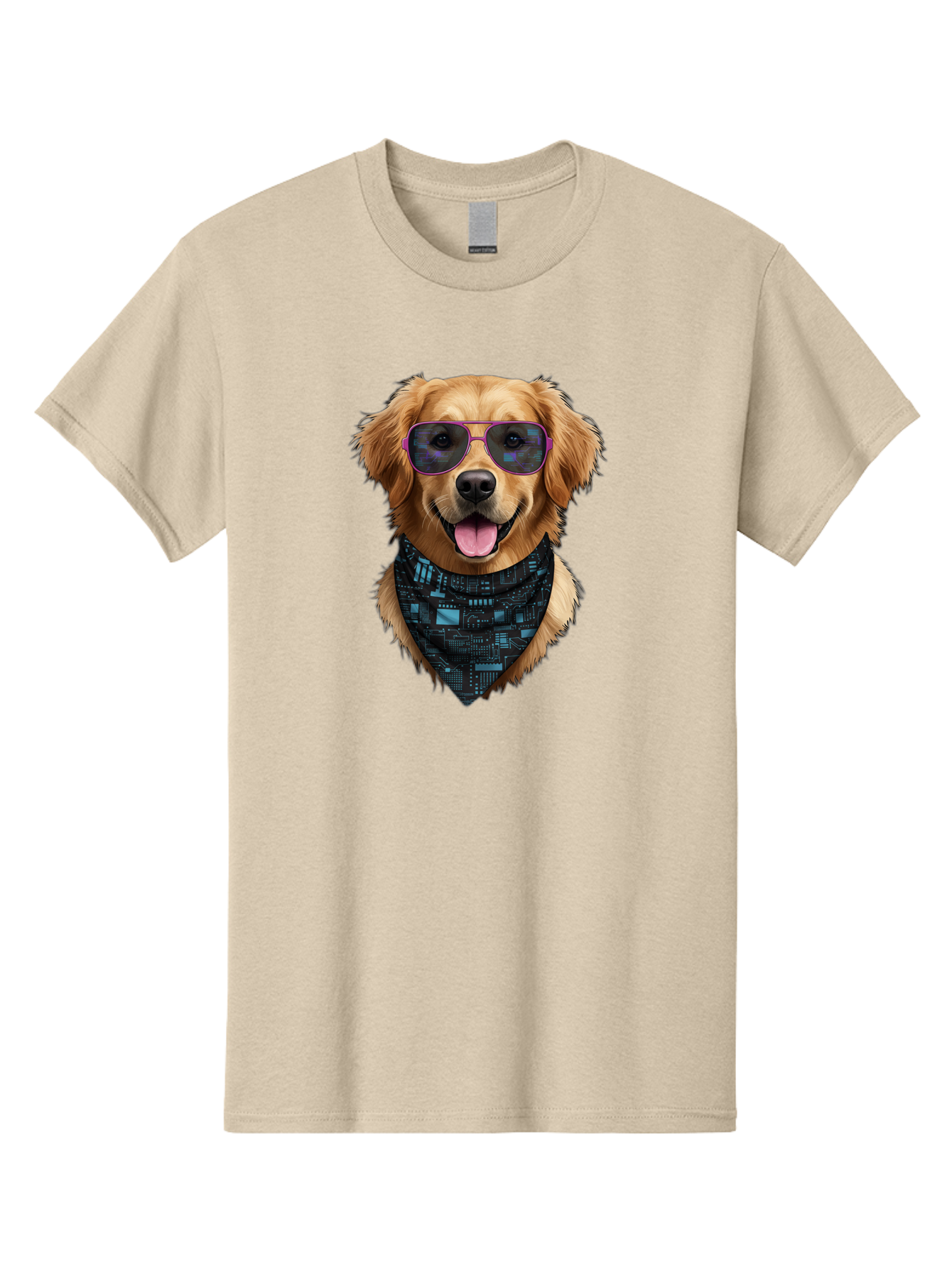 Golden-Retriever-Sunglasses Men'S Graphic Tee, 100% Cotton, Comfortable Casual Summer Wear, Machine Washable, Golden Retriever Dog, Trendy Sunglasses, Tech-Inspired Bandana, Streetwear Style, Cool Canine, Futuristic Fashion, Bab996
