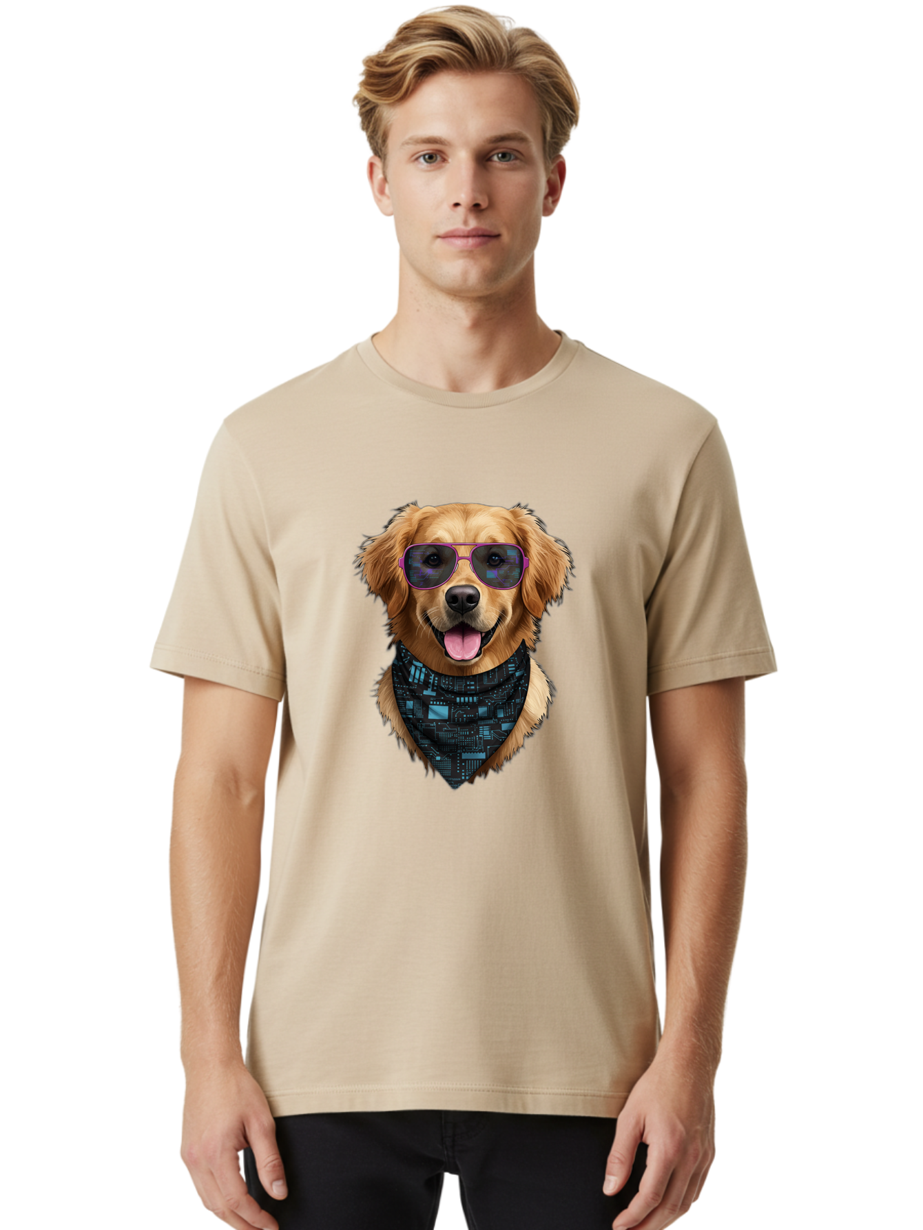 Golden-Retriever-Sunglasses Men'S Graphic Tee, 100% Cotton, Comfortable Casual Summer Wear, Machine Washable, Golden Retriever Dog, Trendy Sunglasses, Tech-Inspired Bandana, Streetwear Style, Cool Canine, Futuristic Fashion, Bab996
