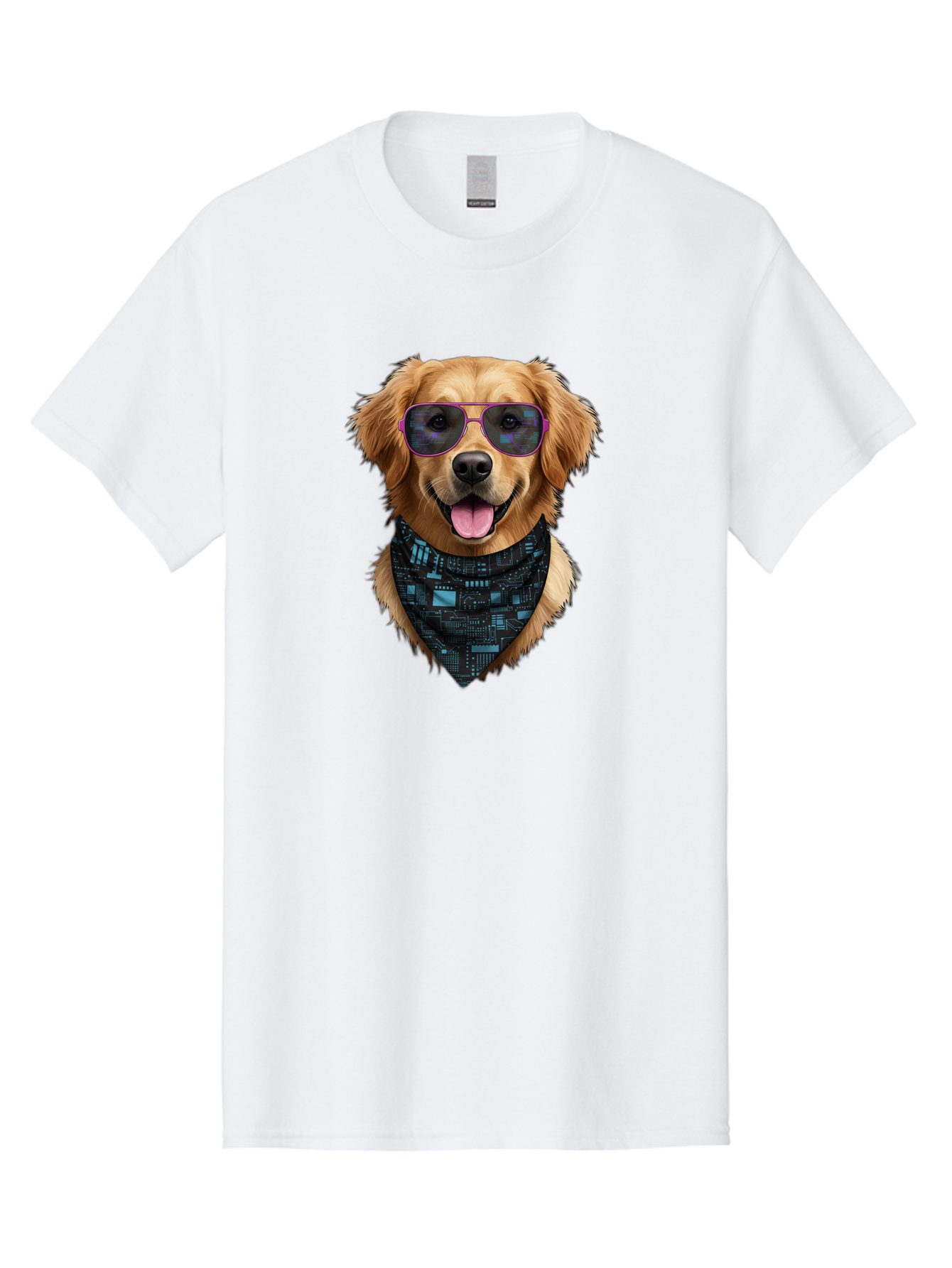 Golden-Retriever-Sunglasses Men'S Graphic Tee, 100% Cotton, Comfortable Casual Summer Wear, Machine Washable, Golden Retriever Dog, Trendy Sunglasses, Tech-Inspired Bandana, Streetwear Style, Cool Canine, Futuristic Fashion, Bab996