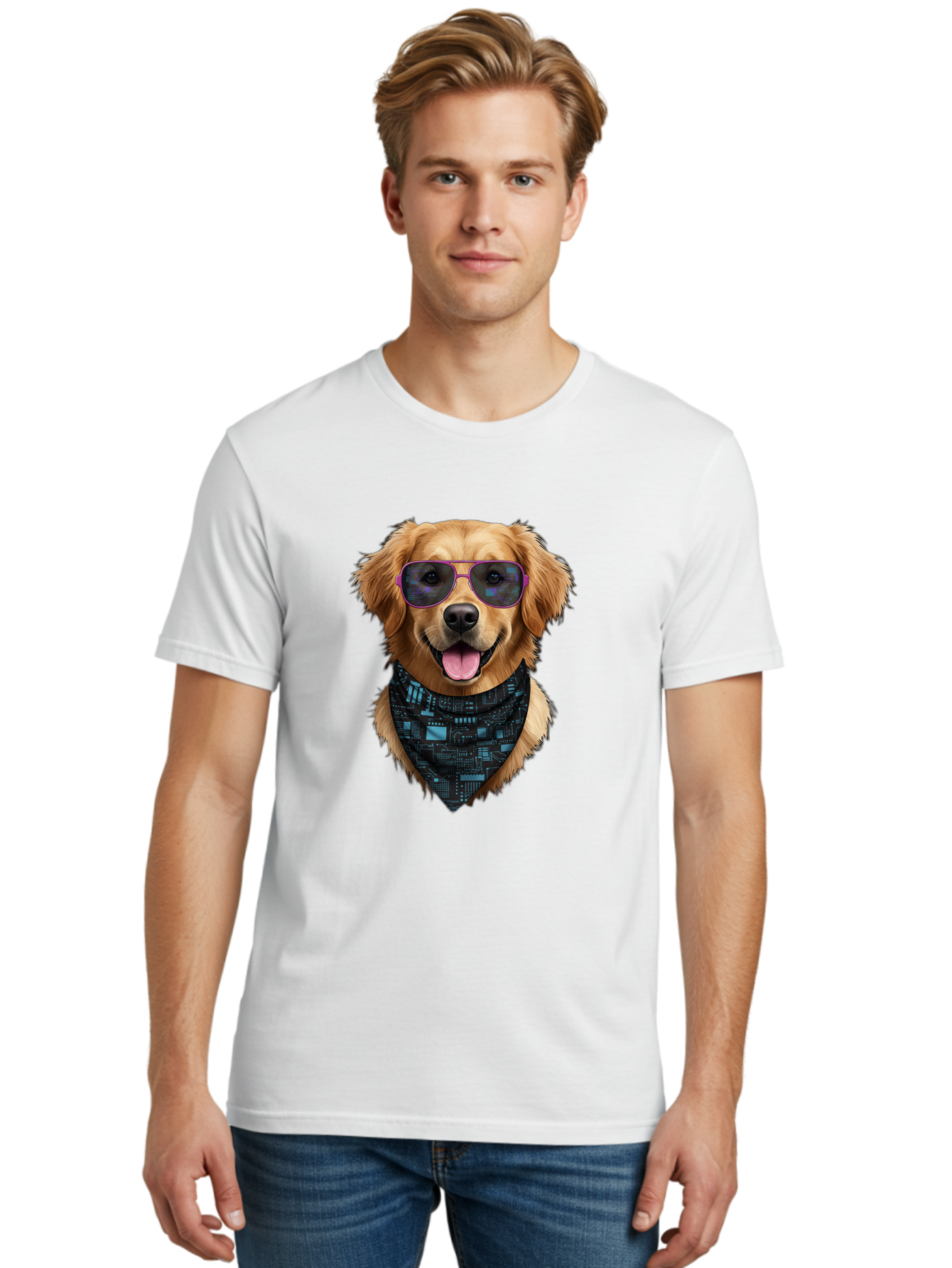 Golden-Retriever-Sunglasses Men'S Graphic Tee, 100% Cotton, Comfortable Casual Summer Wear, Machine Washable, Golden Retriever Dog, Trendy Sunglasses, Tech-Inspired Bandana, Streetwear Style, Cool Canine, Futuristic Fashion, Bab996