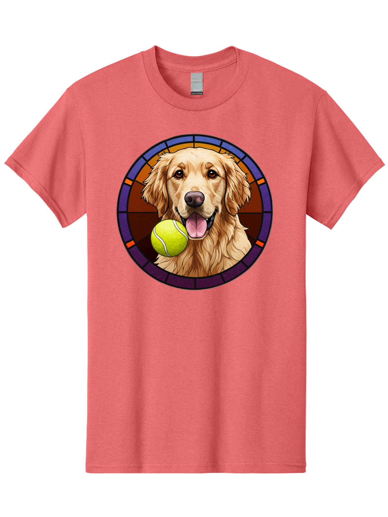 Golden-Retriever-Tennis-Ball-1 Men'S Graphic Tee, 100% Cotton, Comfortable Casual Summer Wear, Machine Washable, Golden Retriever, Tennis Ball, Stained Glass Art, Playful Dog, Fetching Fun, Happy Pet, Dog Lover, Cute Canine Bab997