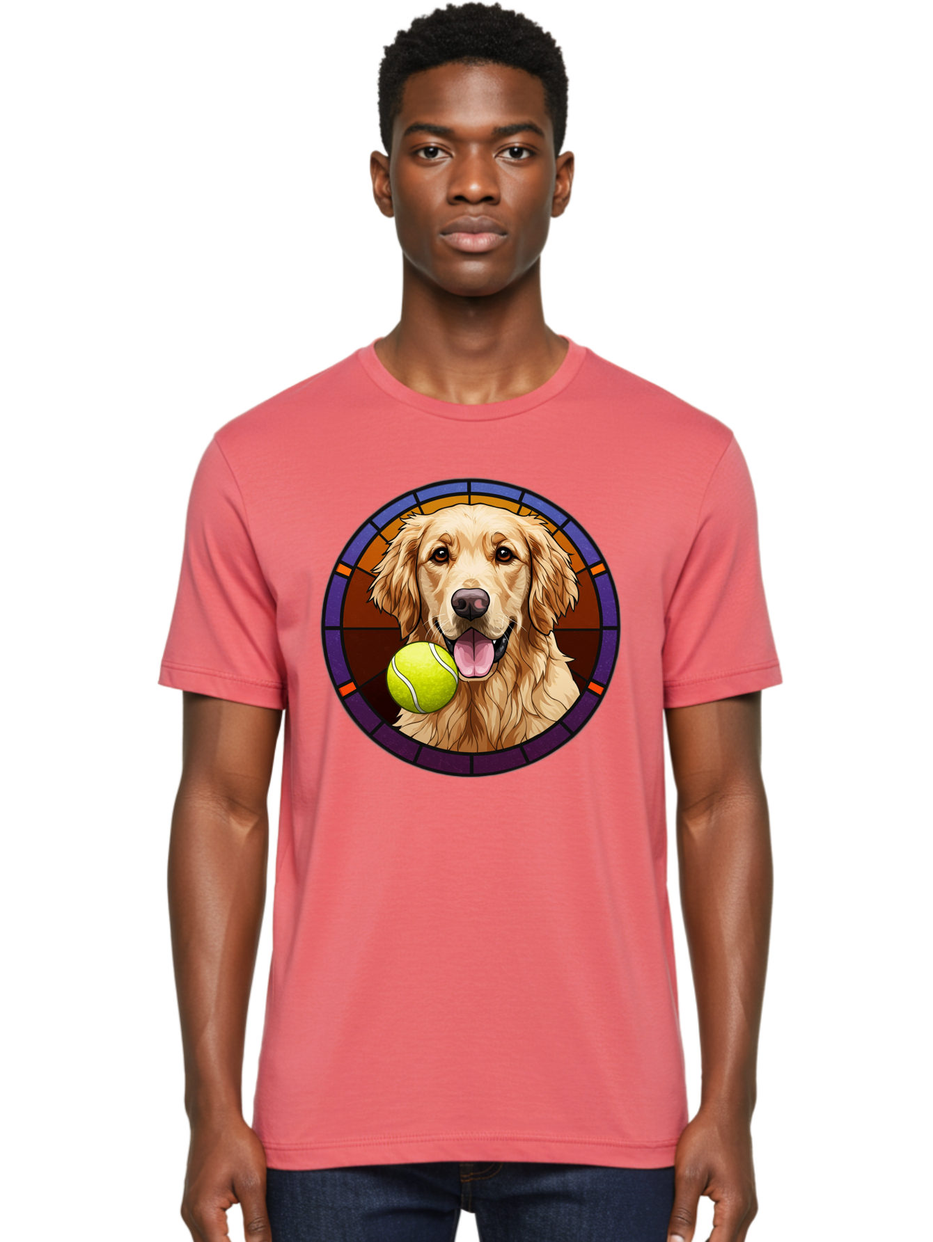 Golden-Retriever-Tennis-Ball-1 Men'S Graphic Tee, 100% Cotton, Comfortable Casual Summer Wear, Machine Washable, Golden Retriever, Tennis Ball, Stained Glass Art, Playful Dog, Fetching Fun, Happy Pet, Dog Lover, Cute Canine Bab997