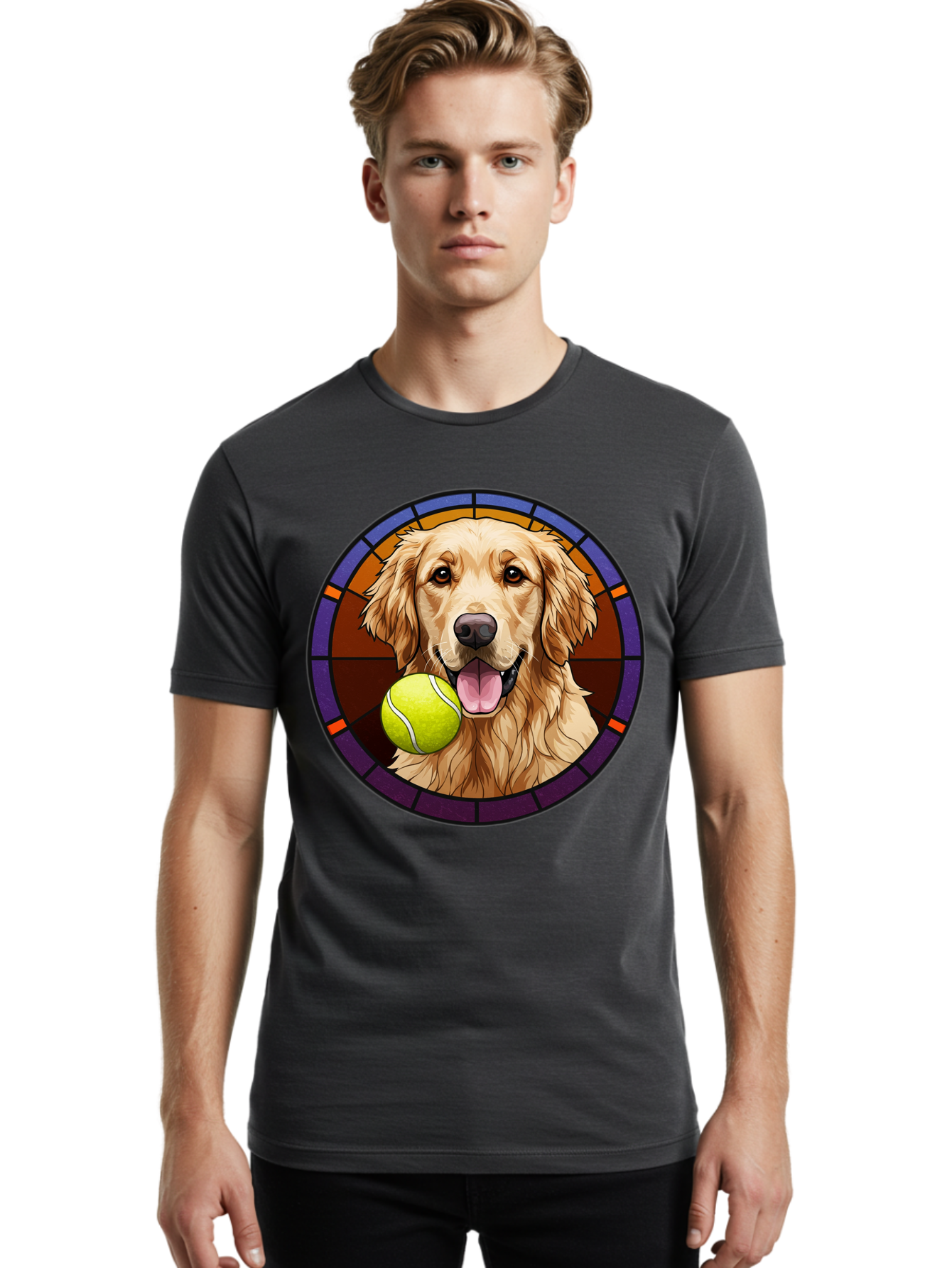 Golden-Retriever-Tennis-Ball-1 Men'S Graphic Tee, 100% Cotton, Comfortable Casual Summer Wear, Machine Washable, Golden Retriever, Tennis Ball, Stained Glass Art, Playful Dog, Fetching Fun, Happy Pet, Dog Lover, Cute Canine Bab997