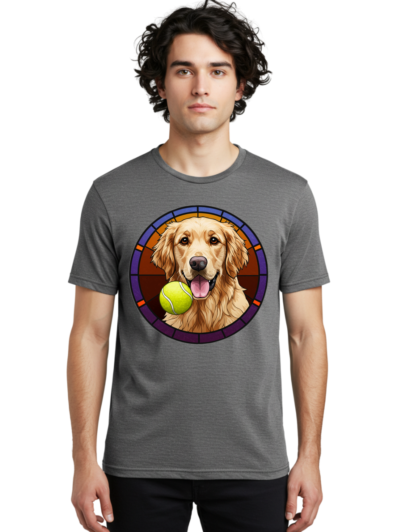 Golden-Retriever-Tennis-Ball-1 Men'S Graphic Tee, 100% Cotton, Comfortable Casual Summer Wear, Machine Washable, Golden Retriever, Tennis Ball, Stained Glass Art, Playful Dog, Fetching Fun, Happy Pet, Dog Lover, Cute Canine Bab997