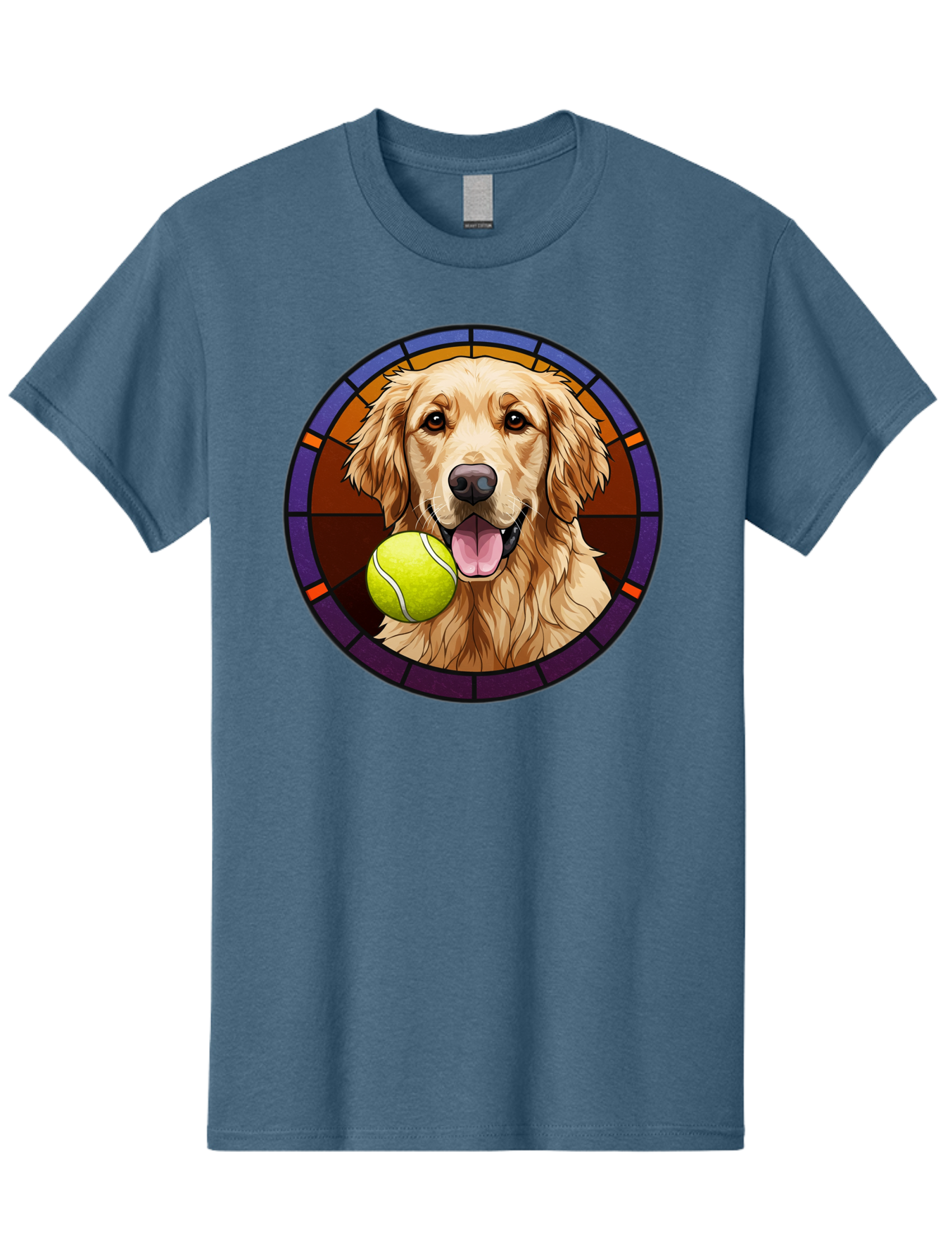 Golden-Retriever-Tennis-Ball-1 Men'S Graphic Tee, 100% Cotton, Comfortable Casual Summer Wear, Machine Washable, Golden Retriever, Tennis Ball, Stained Glass Art, Playful Dog, Fetching Fun, Happy Pet, Dog Lover, Cute Canine Bab997