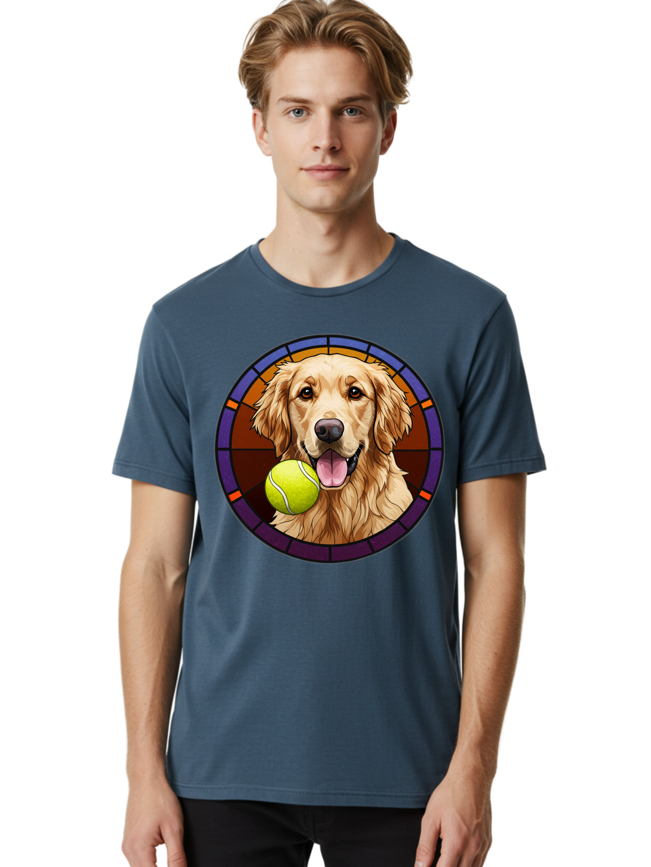 Golden-Retriever-Tennis-Ball-1 Men'S Graphic Tee, 100% Cotton, Comfortable Casual Summer Wear, Machine Washable, Golden Retriever, Tennis Ball, Stained Glass Art, Playful Dog, Fetching Fun, Happy Pet, Dog Lover, Cute Canine Bab997