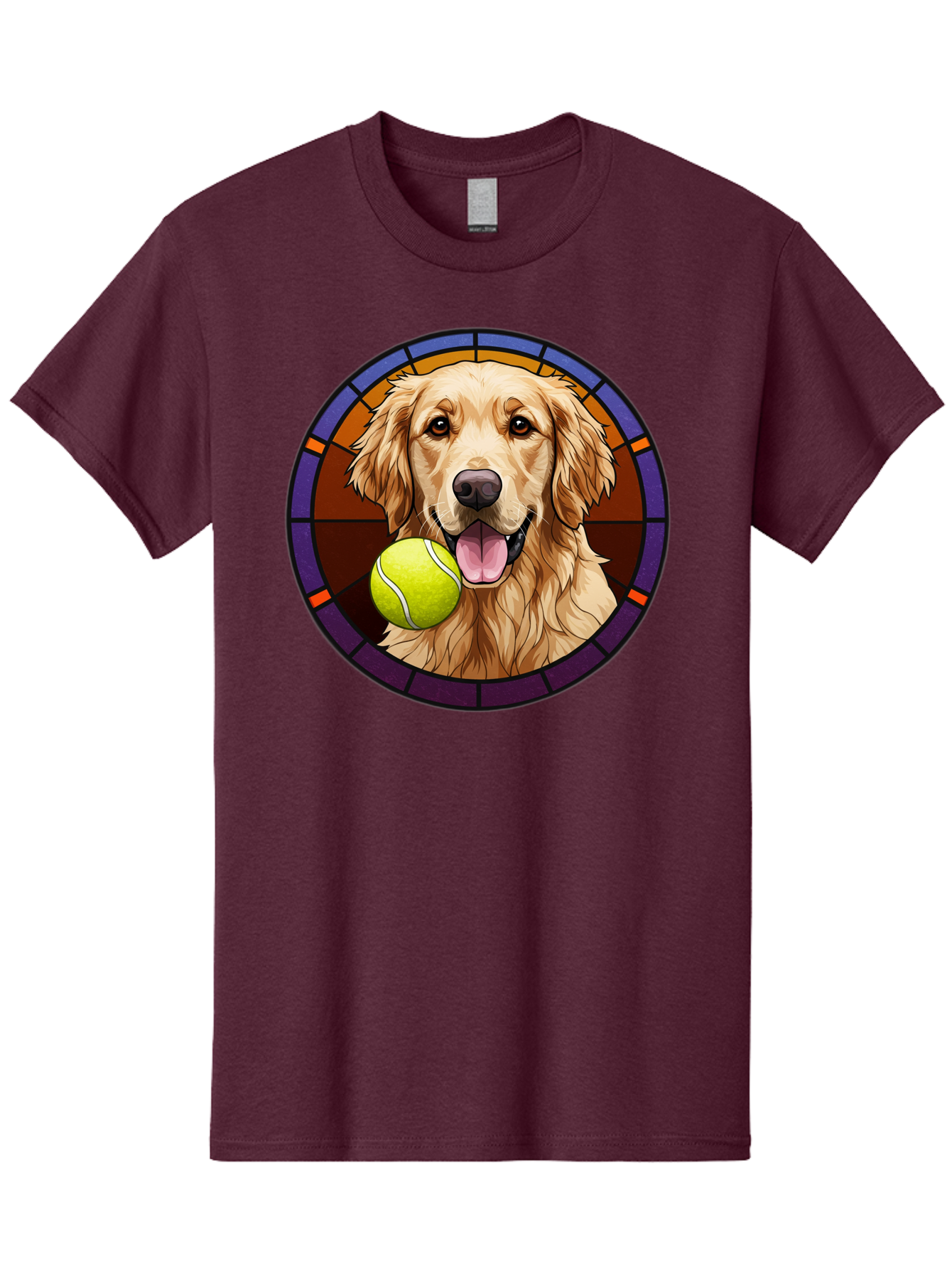Golden-Retriever-Tennis-Ball-1 Men'S Graphic Tee, 100% Cotton, Comfortable Casual Summer Wear, Machine Washable, Golden Retriever, Tennis Ball, Stained Glass Art, Playful Dog, Fetching Fun, Happy Pet, Dog Lover, Cute Canine Bab997