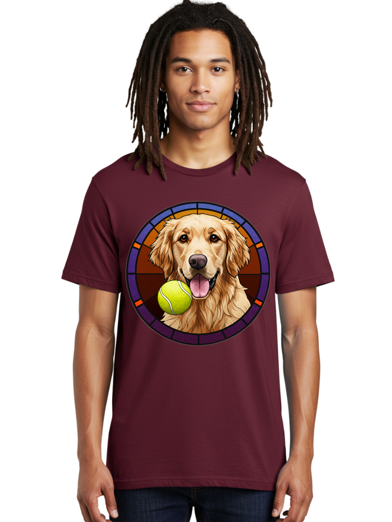 Golden-Retriever-Tennis-Ball-1 Men'S Graphic Tee, 100% Cotton, Comfortable Casual Summer Wear, Machine Washable, Golden Retriever, Tennis Ball, Stained Glass Art, Playful Dog, Fetching Fun, Happy Pet, Dog Lover, Cute Canine Bab997