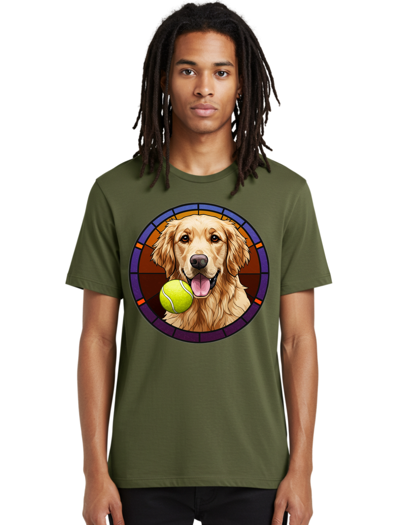 Golden-Retriever-Tennis-Ball-1 Men'S Graphic Tee, 100% Cotton, Comfortable Casual Summer Wear, Machine Washable, Golden Retriever, Tennis Ball, Stained Glass Art, Playful Dog, Fetching Fun, Happy Pet, Dog Lover, Cute Canine Bab997