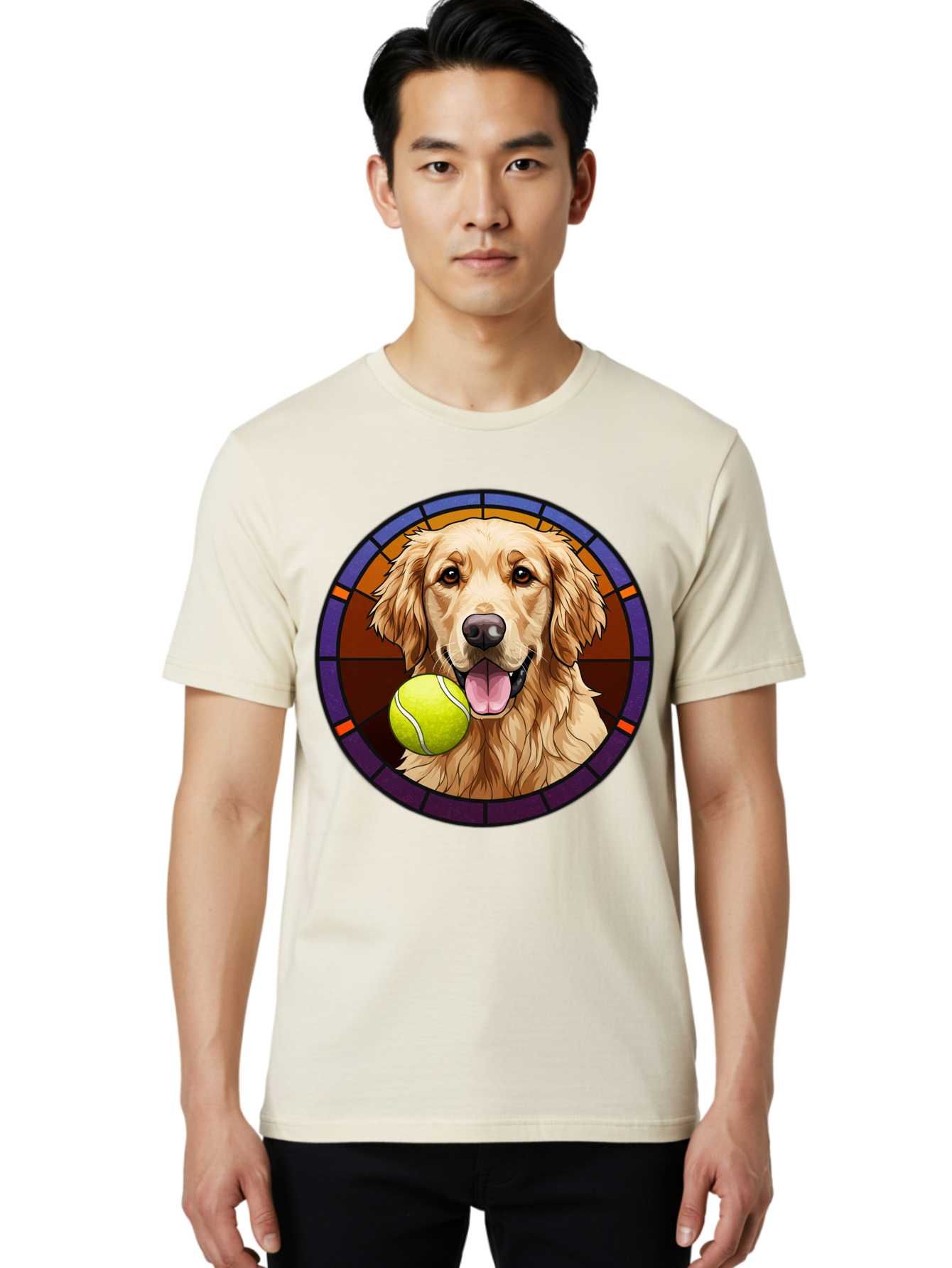 Golden-Retriever-Tennis-Ball-1 Men'S Graphic Tee, 100% Cotton, Comfortable Casual Summer Wear, Machine Washable, Golden Retriever, Tennis Ball, Stained Glass Art, Playful Dog, Fetching Fun, Happy Pet, Dog Lover, Cute Canine Bab997
