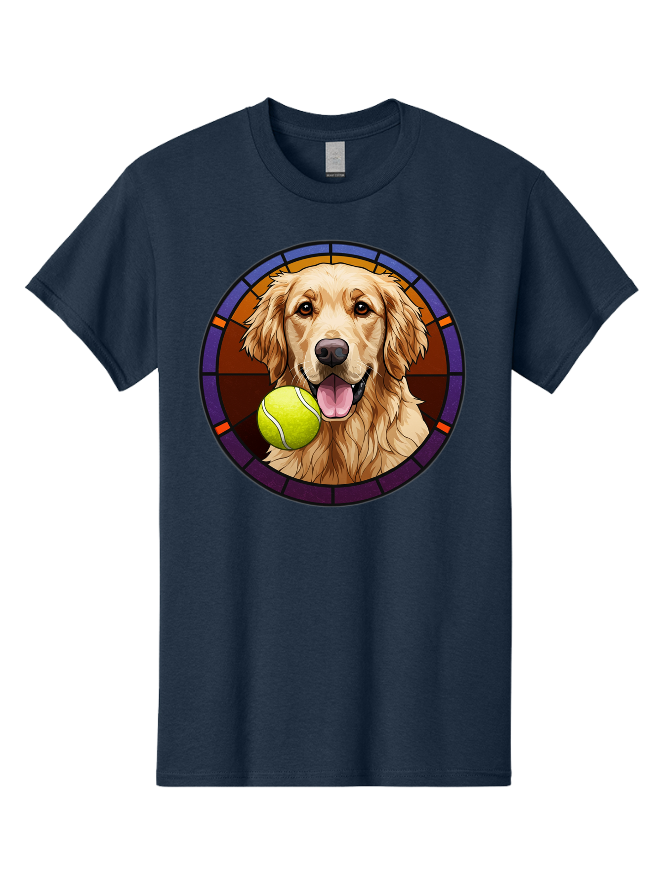 Golden-Retriever-Tennis-Ball-1 Men'S Graphic Tee, 100% Cotton, Comfortable Casual Summer Wear, Machine Washable, Golden Retriever, Tennis Ball, Stained Glass Art, Playful Dog, Fetching Fun, Happy Pet, Dog Lover, Cute Canine Bab997