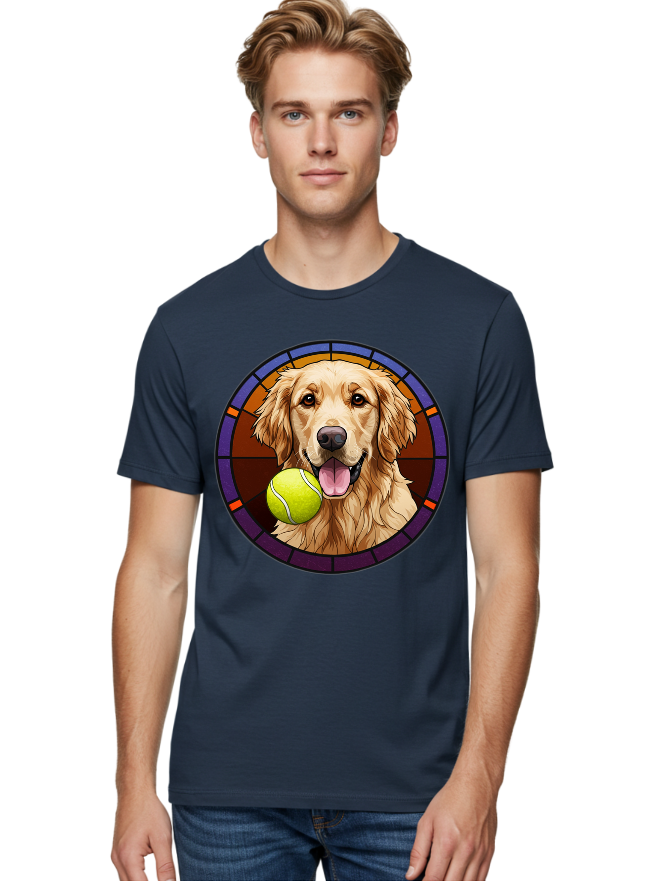 Golden-Retriever-Tennis-Ball-1 Men'S Graphic Tee, 100% Cotton, Comfortable Casual Summer Wear, Machine Washable, Golden Retriever, Tennis Ball, Stained Glass Art, Playful Dog, Fetching Fun, Happy Pet, Dog Lover, Cute Canine Bab997