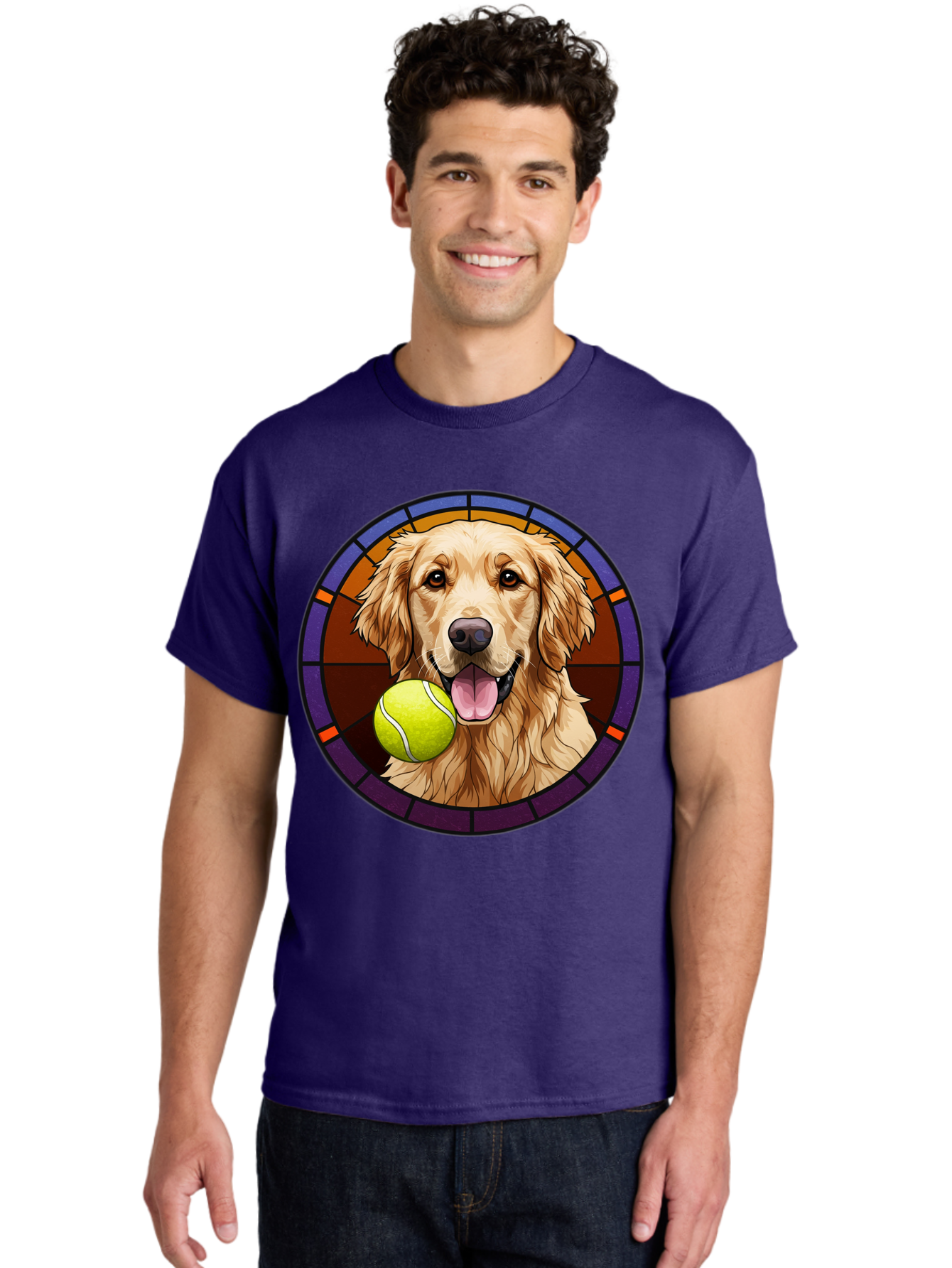 Golden-Retriever-Tennis-Ball-1 Men'S Graphic Tee, 100% Cotton, Comfortable Casual Summer Wear, Machine Washable, Golden Retriever, Tennis Ball, Stained Glass Art, Playful Dog, Fetching Fun, Happy Pet, Dog Lover, Cute Canine Bab997