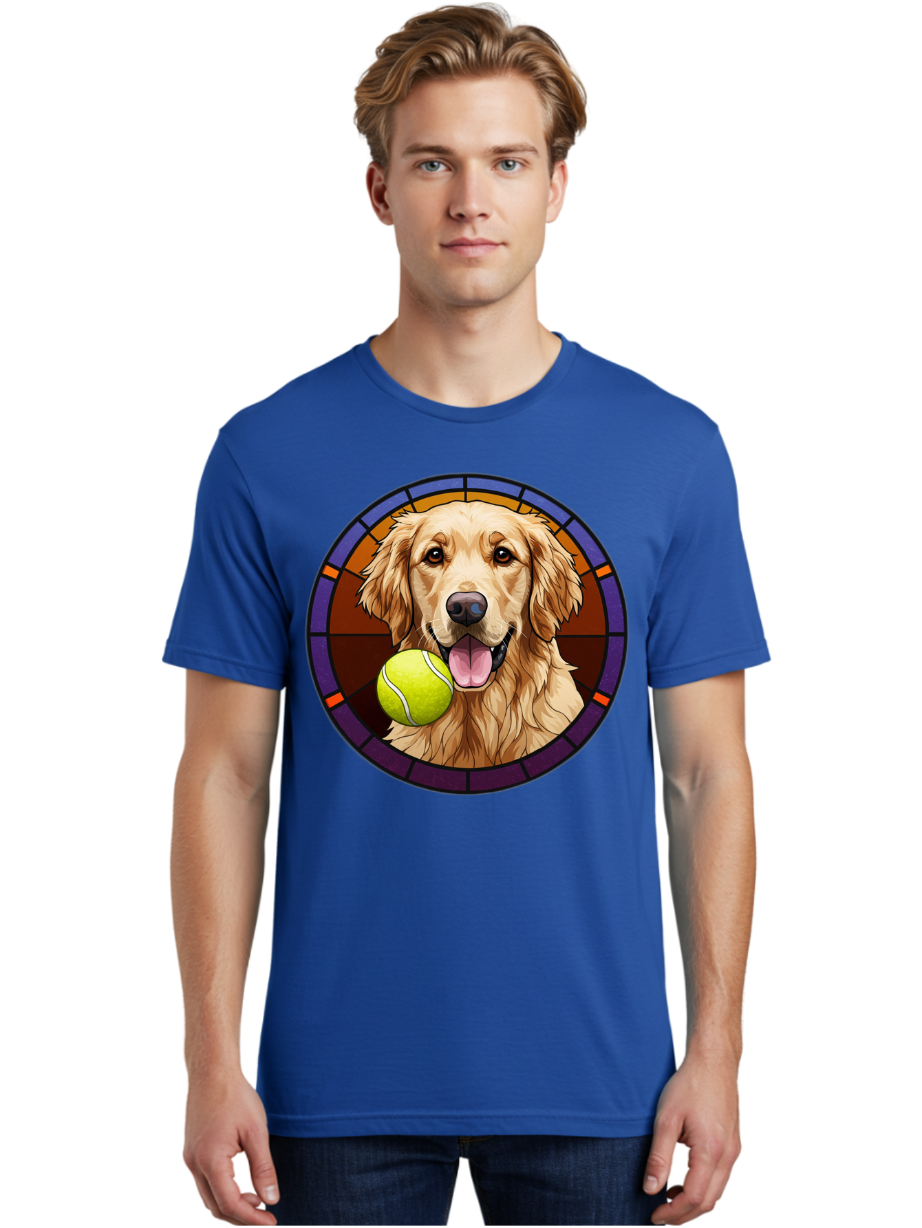 Golden-Retriever-Tennis-Ball-1 Men'S Graphic Tee, 100% Cotton, Comfortable Casual Summer Wear, Machine Washable, Golden Retriever, Tennis Ball, Stained Glass Art, Playful Dog, Fetching Fun, Happy Pet, Dog Lover, Cute Canine Bab997