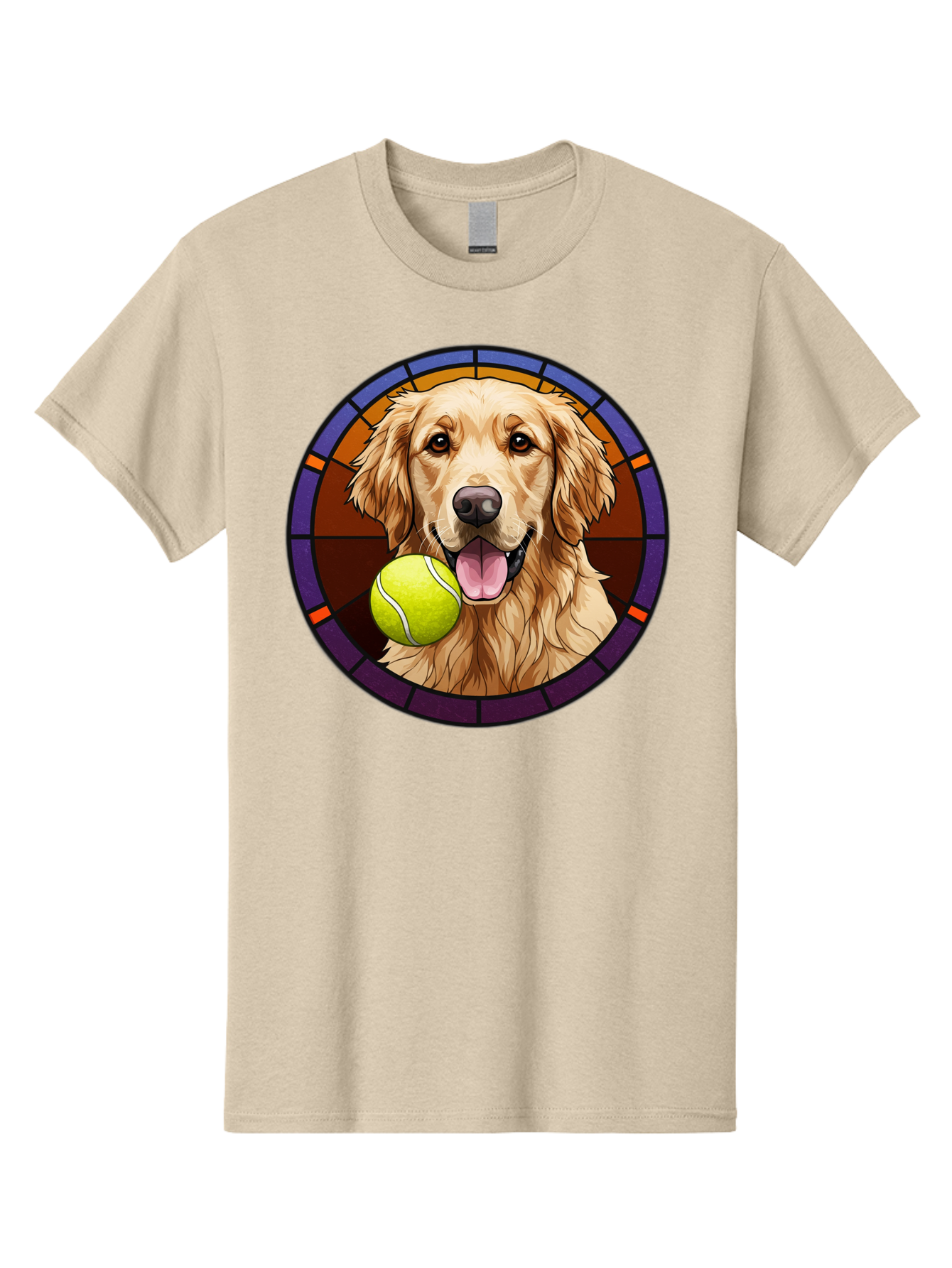 Golden-Retriever-Tennis-Ball-1 Men'S Graphic Tee, 100% Cotton, Comfortable Casual Summer Wear, Machine Washable, Golden Retriever, Tennis Ball, Stained Glass Art, Playful Dog, Fetching Fun, Happy Pet, Dog Lover, Cute Canine Bab997