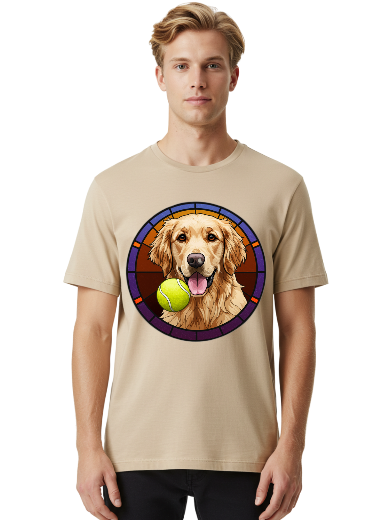 Golden-Retriever-Tennis-Ball-1 Men'S Graphic Tee, 100% Cotton, Comfortable Casual Summer Wear, Machine Washable, Golden Retriever, Tennis Ball, Stained Glass Art, Playful Dog, Fetching Fun, Happy Pet, Dog Lover, Cute Canine Bab997