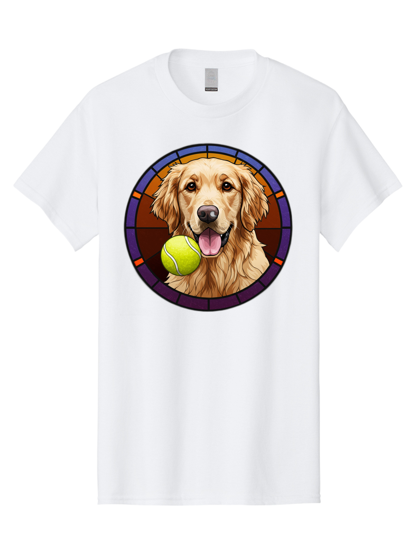 Golden-Retriever-Tennis-Ball-1 Men'S Graphic Tee, 100% Cotton, Comfortable Casual Summer Wear, Machine Washable, Golden Retriever, Tennis Ball, Stained Glass Art, Playful Dog, Fetching Fun, Happy Pet, Dog Lover, Cute Canine Bab997