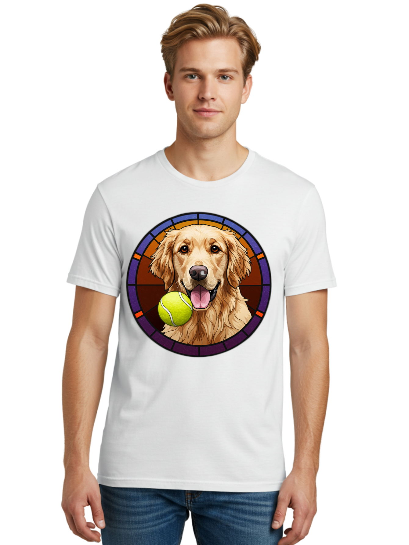 Golden-Retriever-Tennis-Ball-1 Men'S Graphic Tee, 100% Cotton, Comfortable Casual Summer Wear, Machine Washable, Golden Retriever, Tennis Ball, Stained Glass Art, Playful Dog, Fetching Fun, Happy Pet, Dog Lover, Cute Canine Bab997