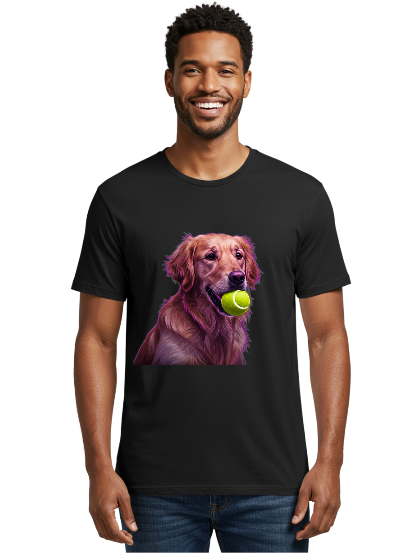 Golden-Retriever-Tennis-Ball Men'S Graphic Tee, 100% Cotton, Comfortable Casual Summer Wear, Machine Washable, Golden Retriever, Dog Holding Tennis Ball, Playful Dog, Tennis Ball In Mouth, Furry Friend, Happy Dog, Canine Companion, Fun Pet Bab998
