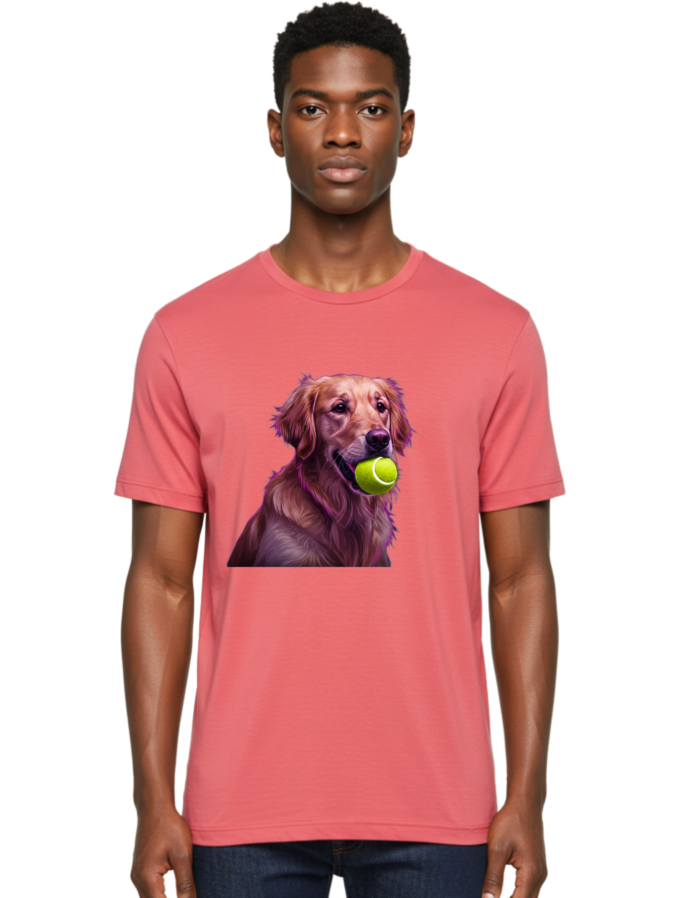 Golden-Retriever-Tennis-Ball Men'S Graphic Tee, 100% Cotton, Comfortable Casual Summer Wear, Machine Washable, Golden Retriever, Dog Holding Tennis Ball, Playful Dog, Tennis Ball In Mouth, Furry Friend, Happy Dog, Canine Companion, Fun Pet Bab998