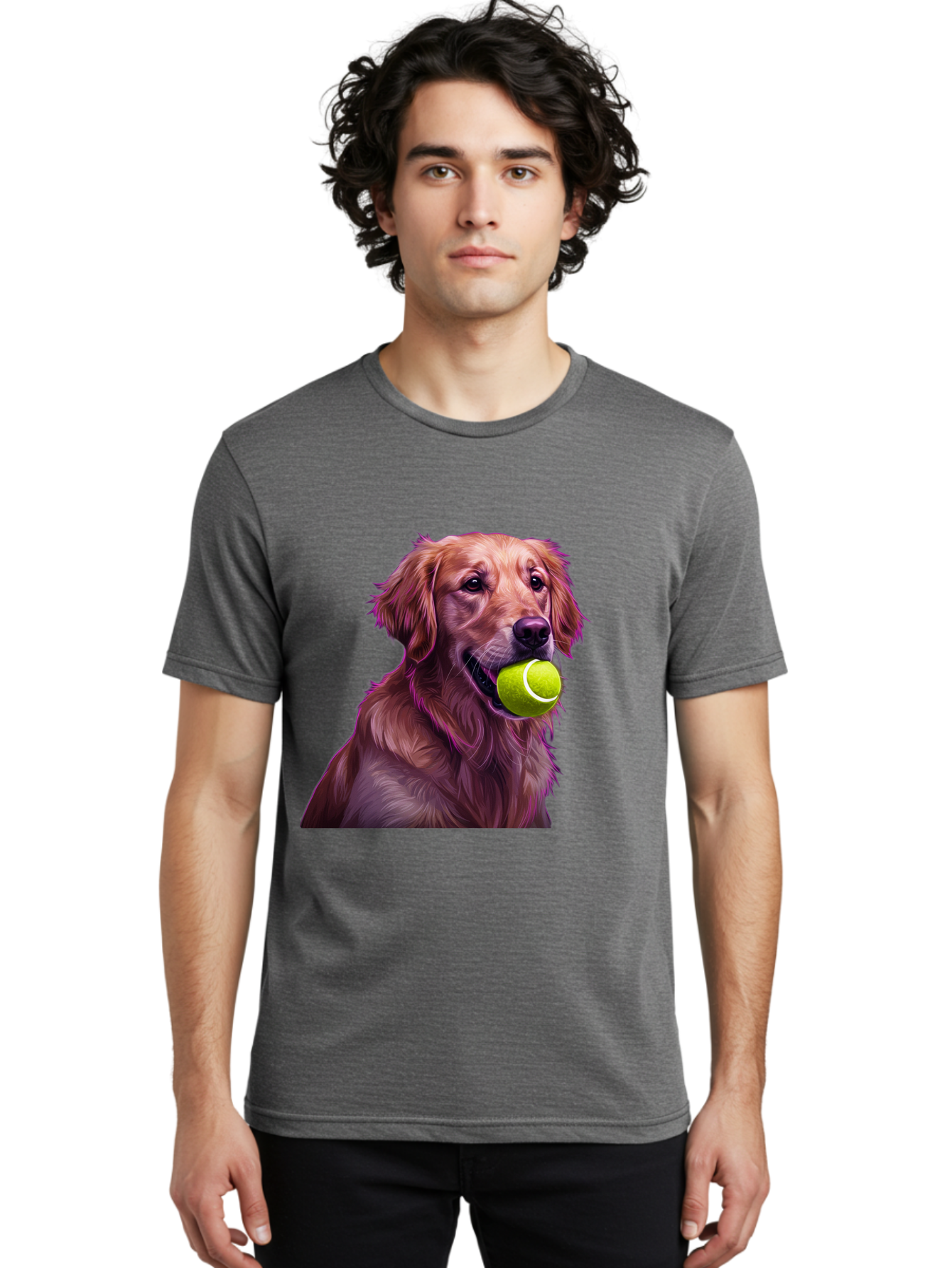 Golden-Retriever-Tennis-Ball Men'S Graphic Tee, 100% Cotton, Comfortable Casual Summer Wear, Machine Washable, Golden Retriever, Dog Holding Tennis Ball, Playful Dog, Tennis Ball In Mouth, Furry Friend, Happy Dog, Canine Companion, Fun Pet Bab998