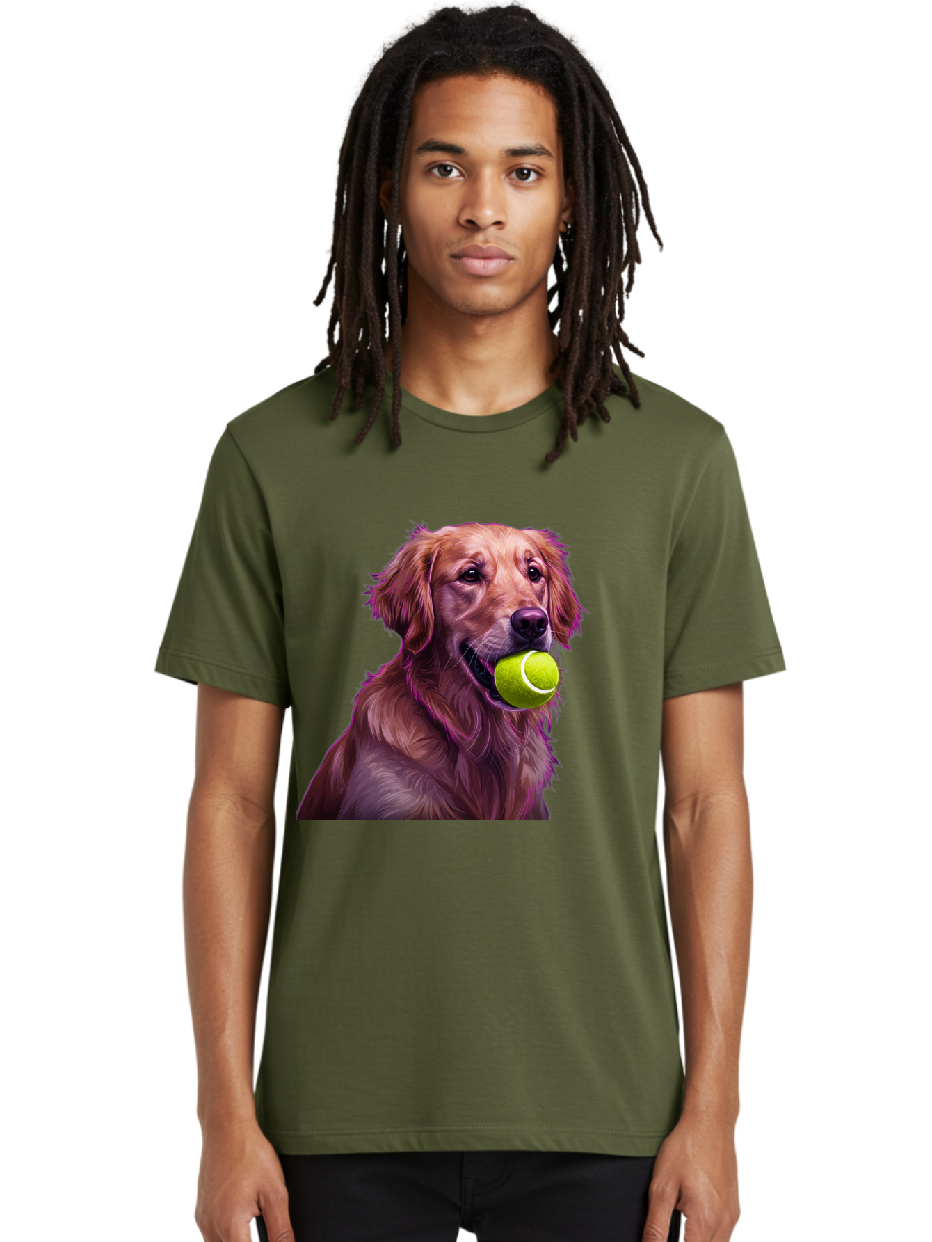 Golden-Retriever-Tennis-Ball Men'S Graphic Tee, 100% Cotton, Comfortable Casual Summer Wear, Machine Washable, Golden Retriever, Dog Holding Tennis Ball, Playful Dog, Tennis Ball In Mouth, Furry Friend, Happy Dog, Canine Companion, Fun Pet Bab998