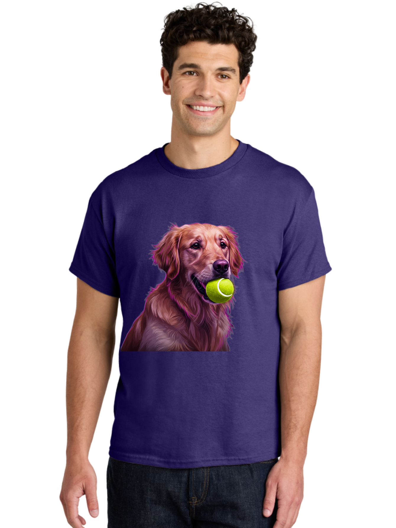 Golden-Retriever-Tennis-Ball Men'S Graphic Tee, 100% Cotton, Comfortable Casual Summer Wear, Machine Washable, Golden Retriever, Dog Holding Tennis Ball, Playful Dog, Tennis Ball In Mouth, Furry Friend, Happy Dog, Canine Companion, Fun Pet Bab998