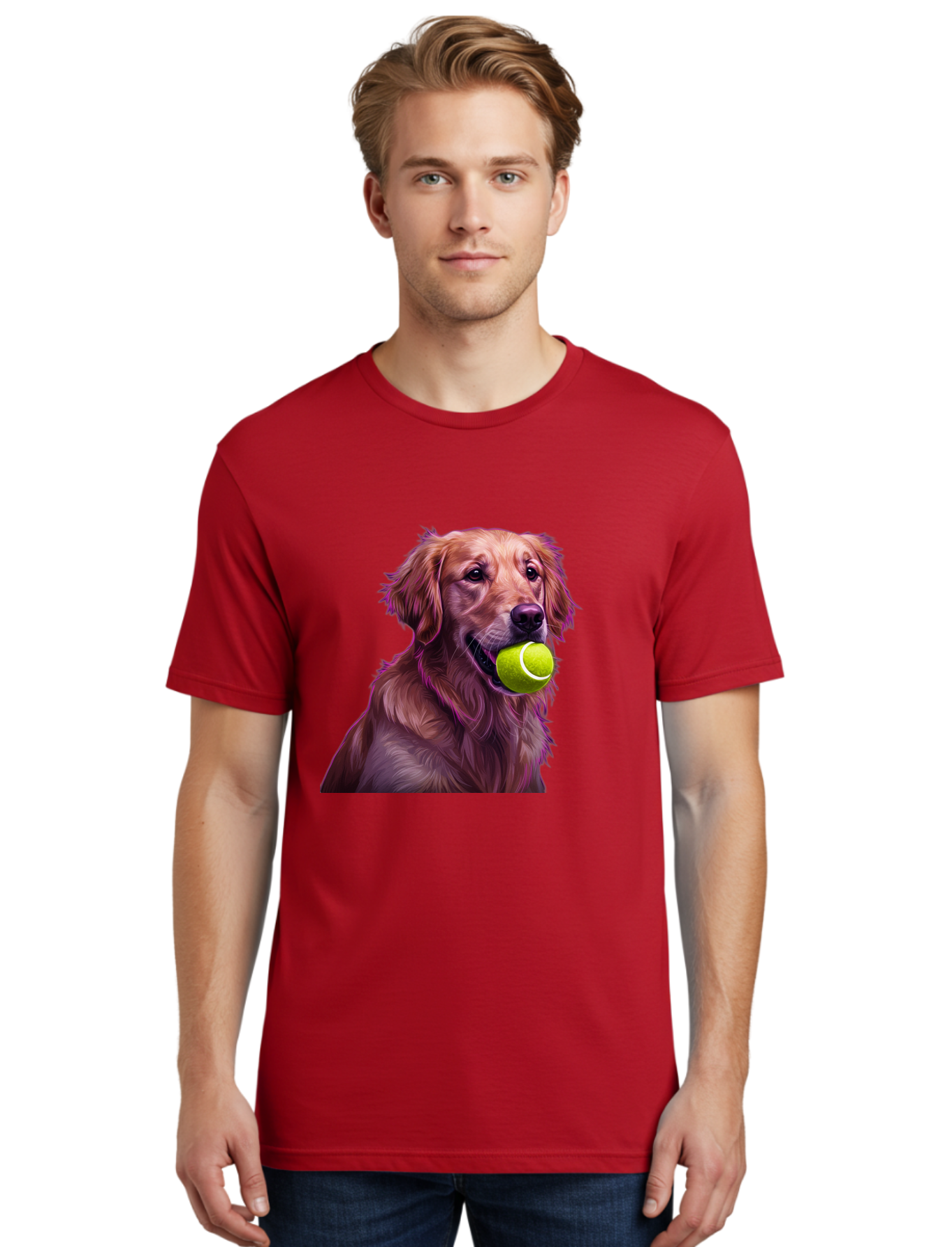 Golden-Retriever-Tennis-Ball Men'S Graphic Tee, 100% Cotton, Comfortable Casual Summer Wear, Machine Washable, Golden Retriever, Dog Holding Tennis Ball, Playful Dog, Tennis Ball In Mouth, Furry Friend, Happy Dog, Canine Companion, Fun Pet Bab998