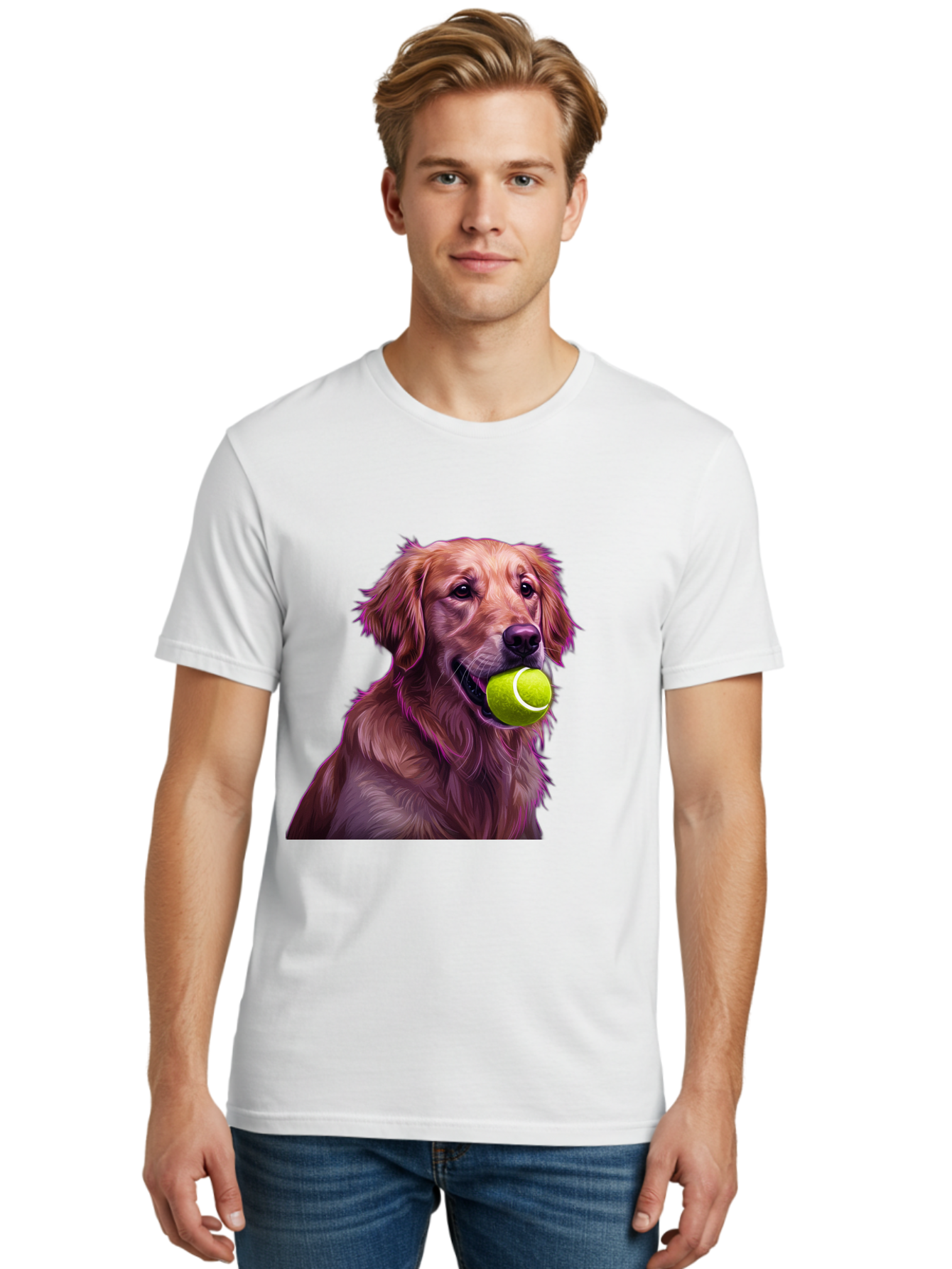 Golden-Retriever-Tennis-Ball Men'S Graphic Tee, 100% Cotton, Comfortable Casual Summer Wear, Machine Washable, Golden Retriever, Dog Holding Tennis Ball, Playful Dog, Tennis Ball In Mouth, Furry Friend, Happy Dog, Canine Companion, Fun Pet Bab998