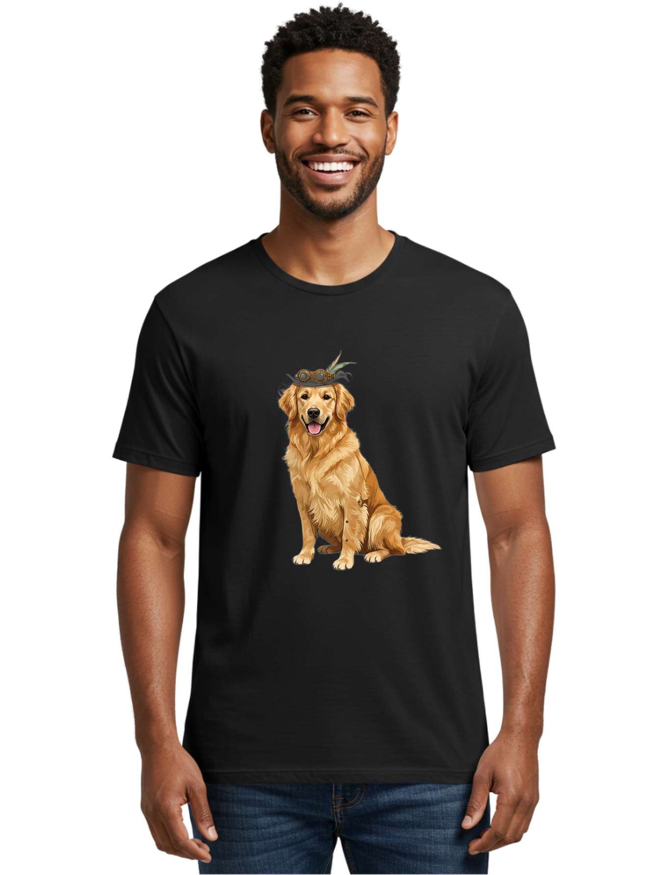 Golden-Retriever-With-Flower-Crown Men'S Graphic Tee, 100% Cotton, Comfortable Casual Summer Wear, Machine Washable, Golden Retriever Wearing Crown, Dog With Accessories, Floral Headpiece, Festive Dog, Pet Portrait, Playful Canine, Bab999
