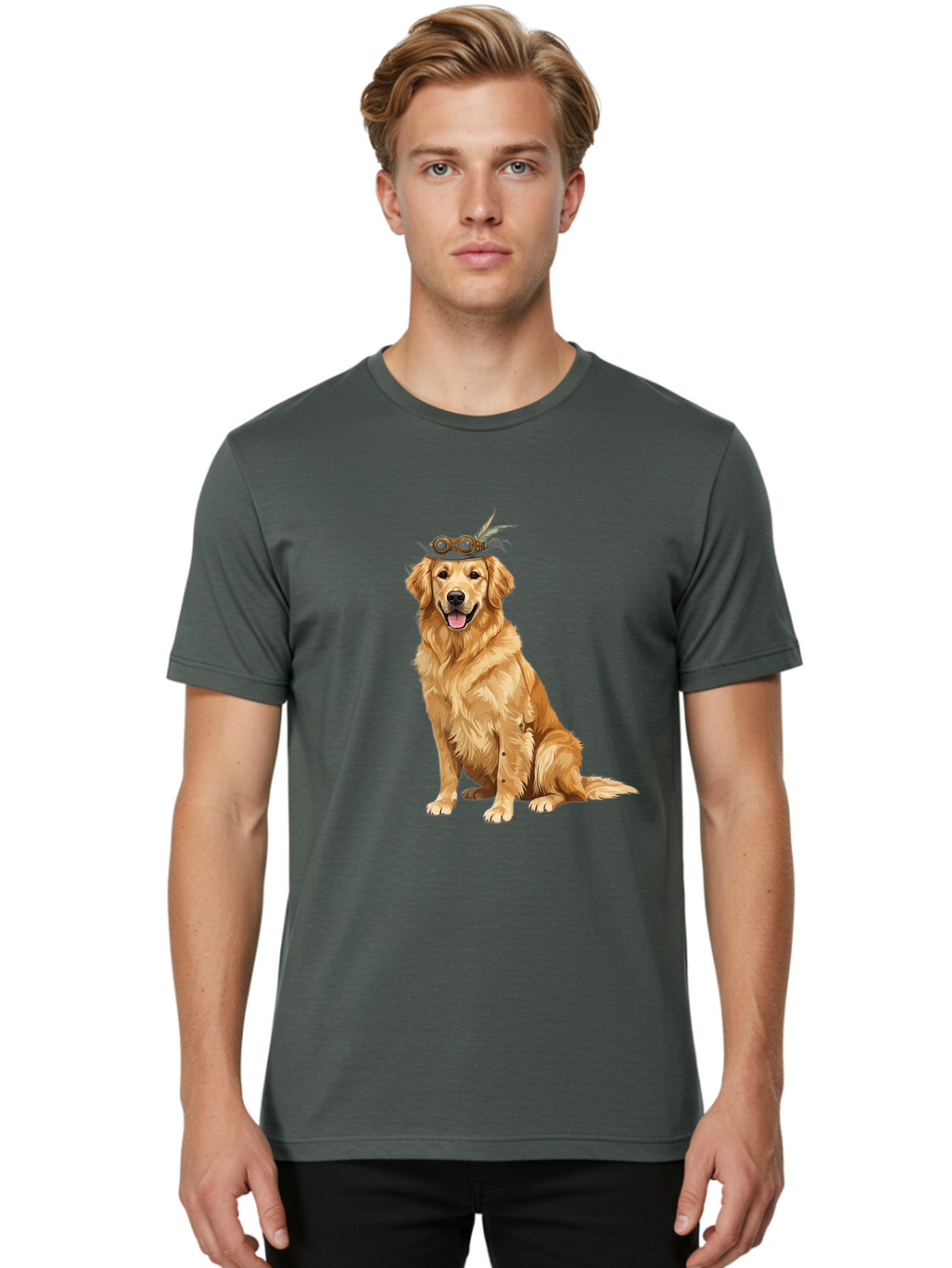 Golden-Retriever-With-Flower-Crown Men'S Graphic Tee, 100% Cotton, Comfortable Casual Summer Wear, Machine Washable, Golden Retriever Wearing Crown, Dog With Accessories, Floral Headpiece, Festive Dog, Pet Portrait, Playful Canine, Bab999