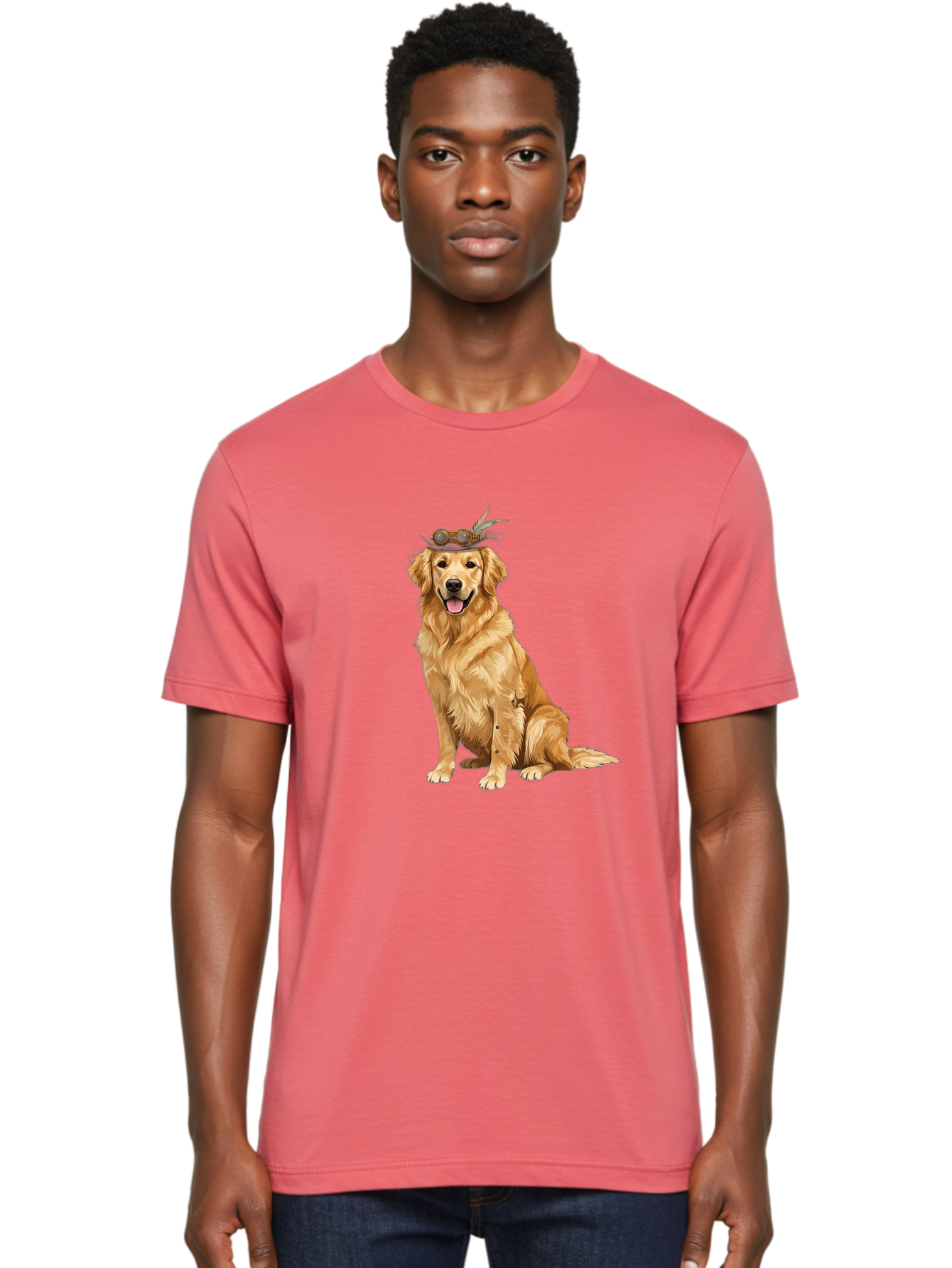 Golden-Retriever-With-Flower-Crown Men'S Graphic Tee, 100% Cotton, Comfortable Casual Summer Wear, Machine Washable, Golden Retriever Wearing Crown, Dog With Accessories, Floral Headpiece, Festive Dog, Pet Portrait, Playful Canine, Bab999