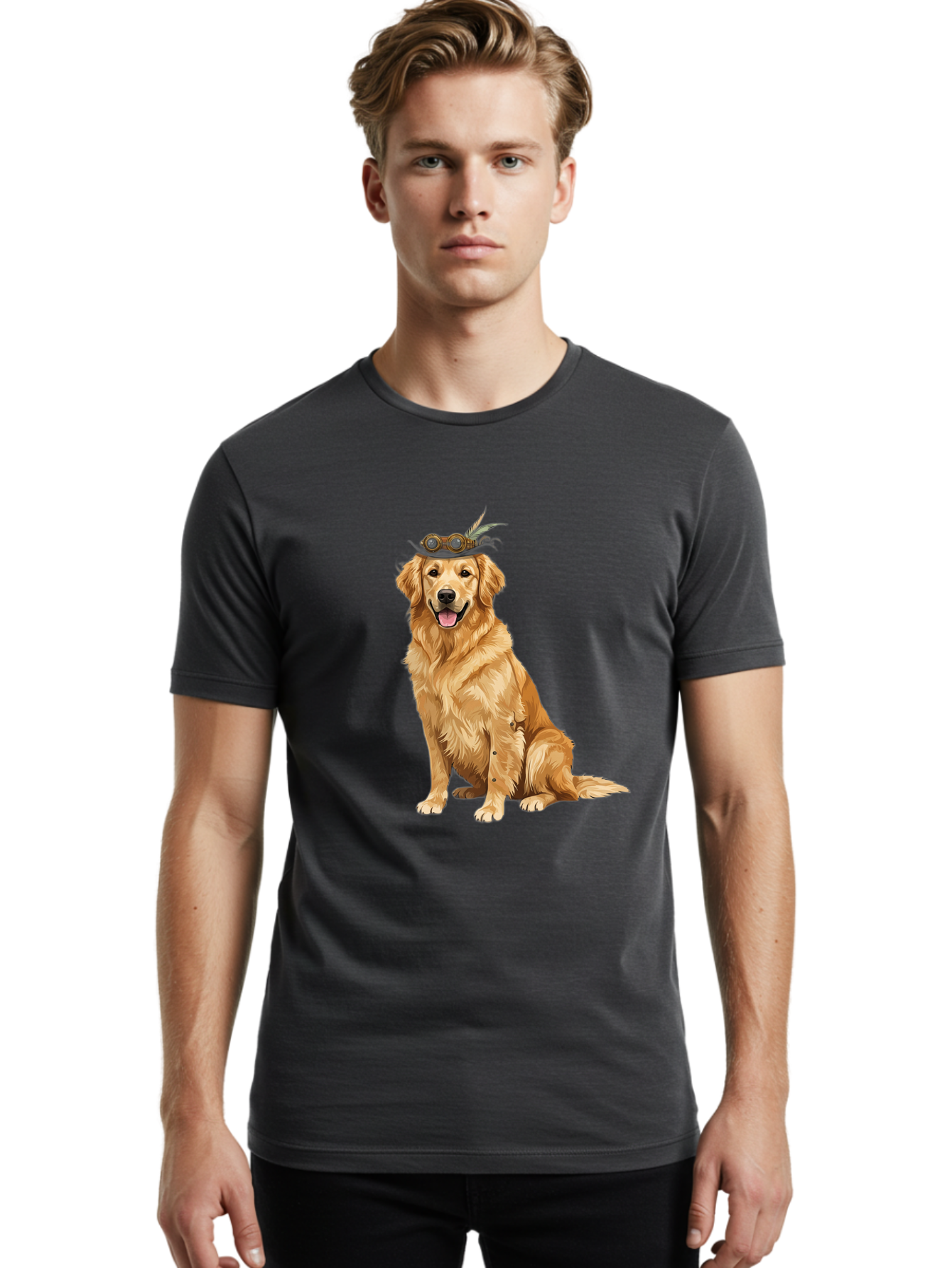Golden-Retriever-With-Flower-Crown Men'S Graphic Tee, 100% Cotton, Comfortable Casual Summer Wear, Machine Washable, Golden Retriever Wearing Crown, Dog With Accessories, Floral Headpiece, Festive Dog, Pet Portrait, Playful Canine, Bab999