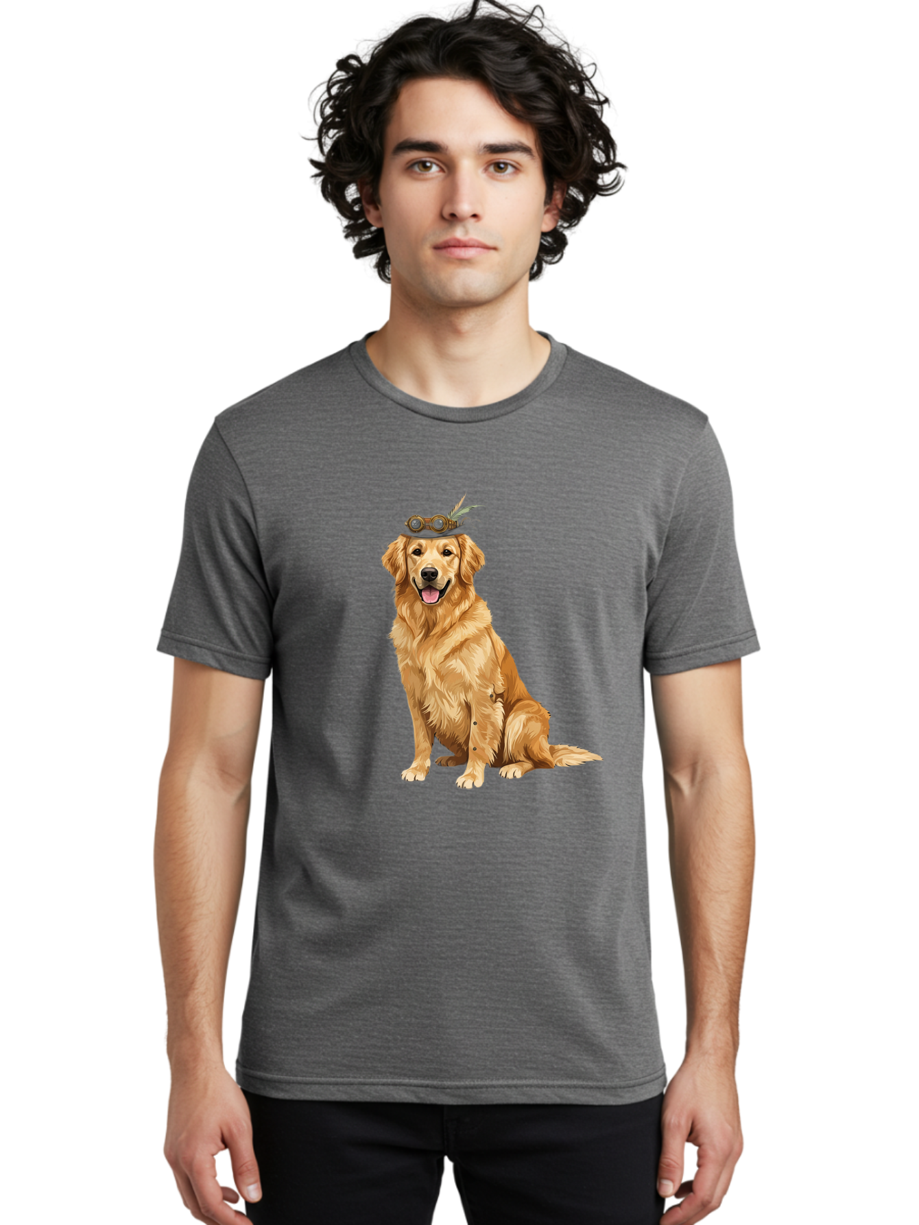 Golden-Retriever-With-Flower-Crown Men'S Graphic Tee, 100% Cotton, Comfortable Casual Summer Wear, Machine Washable, Golden Retriever Wearing Crown, Dog With Accessories, Floral Headpiece, Festive Dog, Pet Portrait, Playful Canine, Bab999