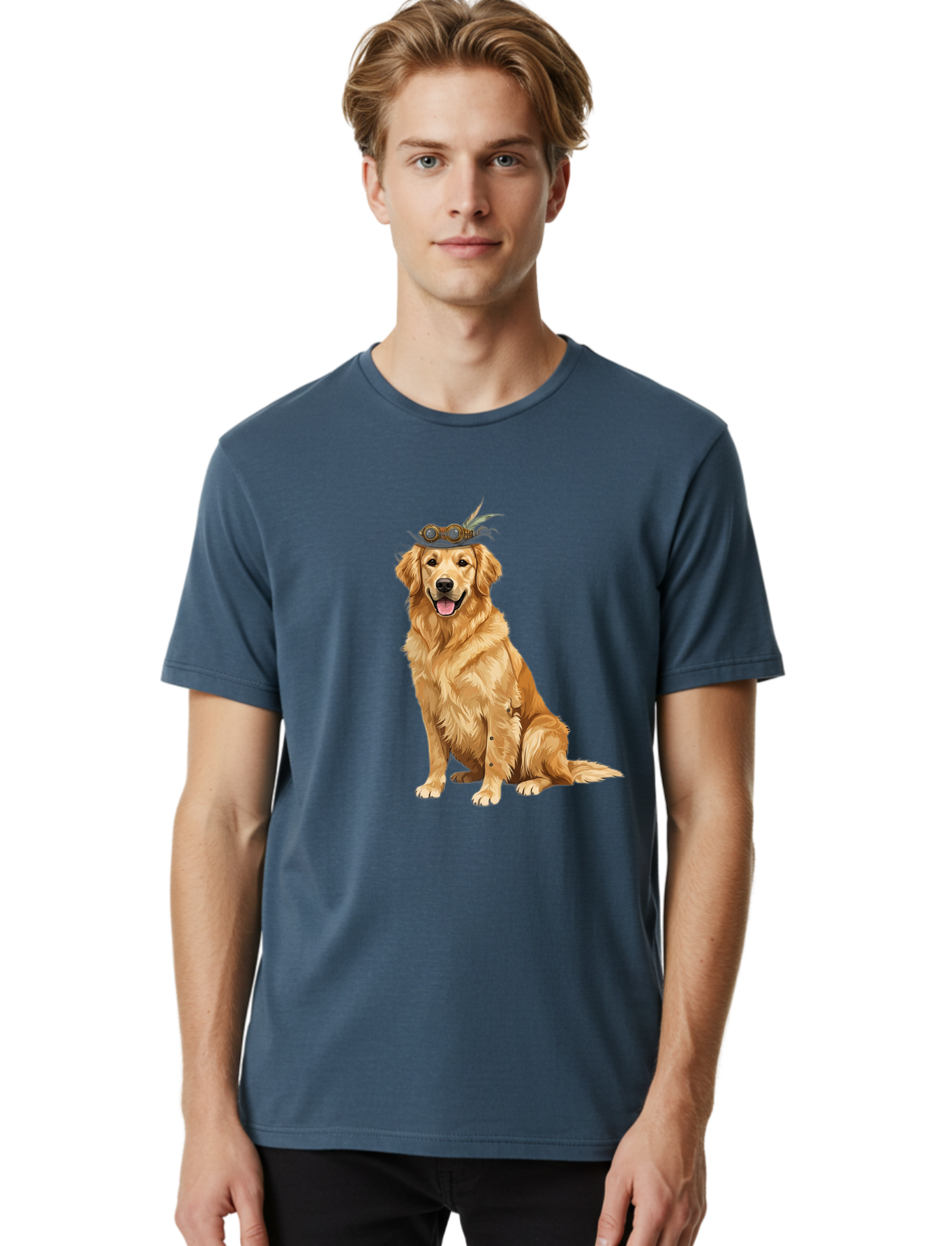 Golden-Retriever-With-Flower-Crown Men'S Graphic Tee, 100% Cotton, Comfortable Casual Summer Wear, Machine Washable, Golden Retriever Wearing Crown, Dog With Accessories, Floral Headpiece, Festive Dog, Pet Portrait, Playful Canine, Bab999