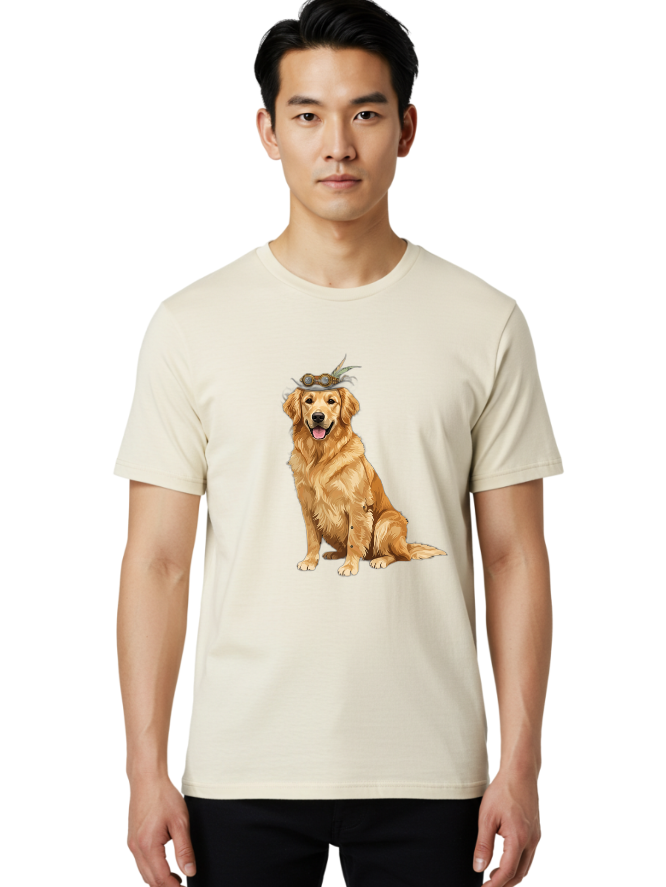 Golden-Retriever-With-Flower-Crown Men'S Graphic Tee, 100% Cotton, Comfortable Casual Summer Wear, Machine Washable, Golden Retriever Wearing Crown, Dog With Accessories, Floral Headpiece, Festive Dog, Pet Portrait, Playful Canine, Bab999