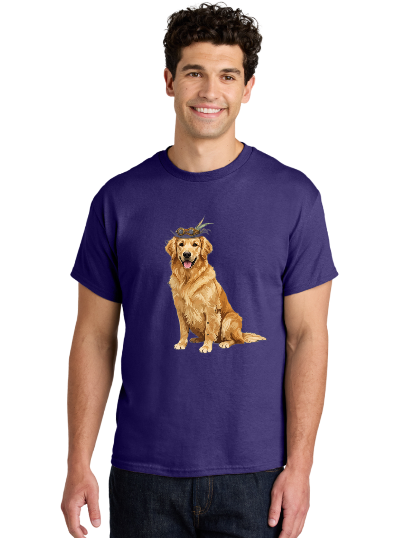 Golden-Retriever-With-Flower-Crown Men'S Graphic Tee, 100% Cotton, Comfortable Casual Summer Wear, Machine Washable, Golden Retriever Wearing Crown, Dog With Accessories, Floral Headpiece, Festive Dog, Pet Portrait, Playful Canine, Bab999