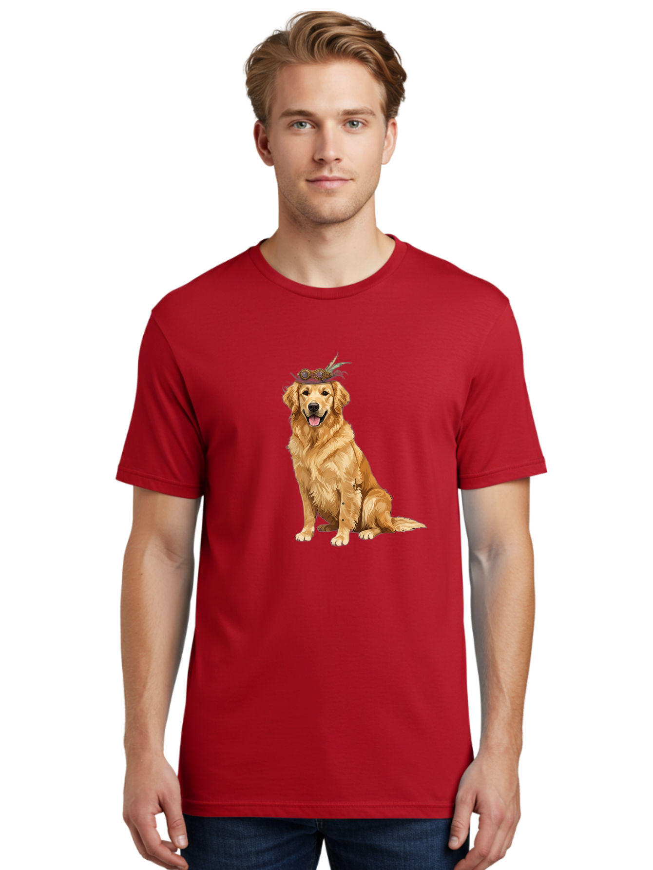 Golden-Retriever-With-Flower-Crown Men'S Graphic Tee, 100% Cotton, Comfortable Casual Summer Wear, Machine Washable, Golden Retriever Wearing Crown, Dog With Accessories, Floral Headpiece, Festive Dog, Pet Portrait, Playful Canine, Bab999