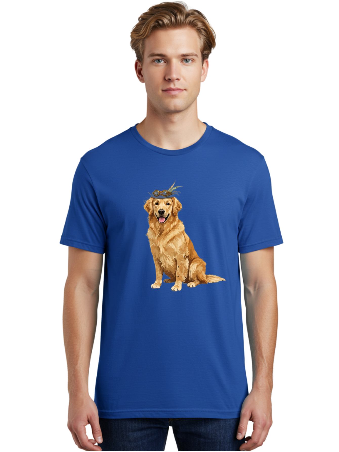 Golden-Retriever-With-Flower-Crown Men'S Graphic Tee, 100% Cotton, Comfortable Casual Summer Wear, Machine Washable, Golden Retriever Wearing Crown, Dog With Accessories, Floral Headpiece, Festive Dog, Pet Portrait, Playful Canine, Bab999