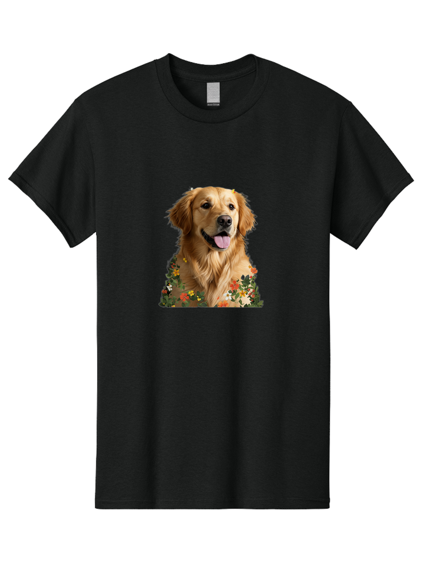 Golden-Retriever-With-Flowers-1 Men'S Graphic Tee, 100% Cotton, Comfortable Casual Summer Wear, Machine Washable, Golden Retriever Dog, Floral Pattern, Vibrant Flowers, Colorful Blooms, Happy Dog, Friendly Pet, Floral Design, Golden Fur, Bac000