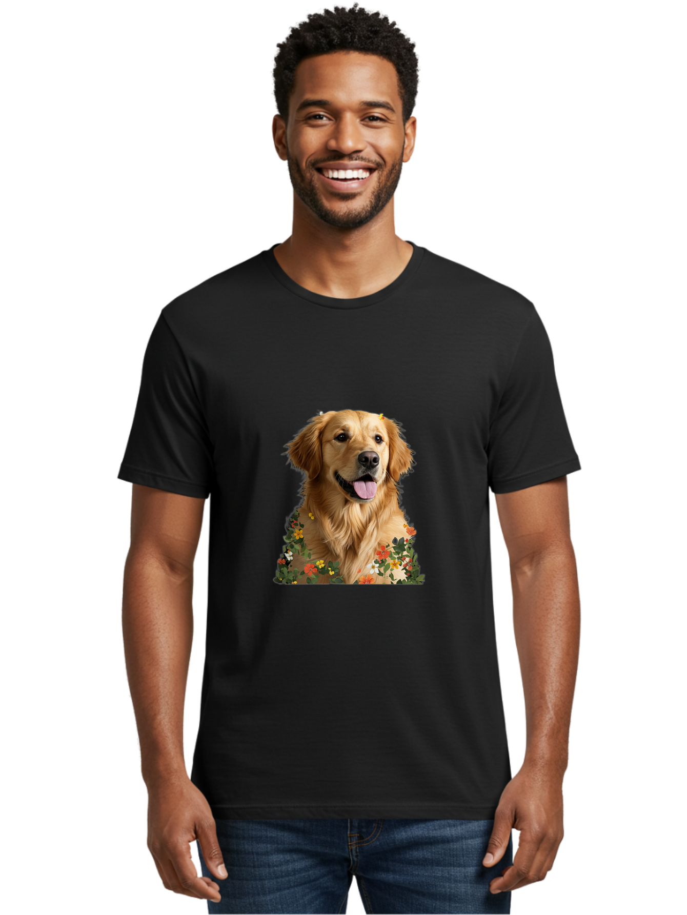 Golden-Retriever-With-Flowers-1 Men'S Graphic Tee, 100% Cotton, Comfortable Casual Summer Wear, Machine Washable, Golden Retriever Dog, Floral Pattern, Vibrant Flowers, Colorful Blooms, Happy Dog, Friendly Pet, Floral Design, Golden Fur, Bac000