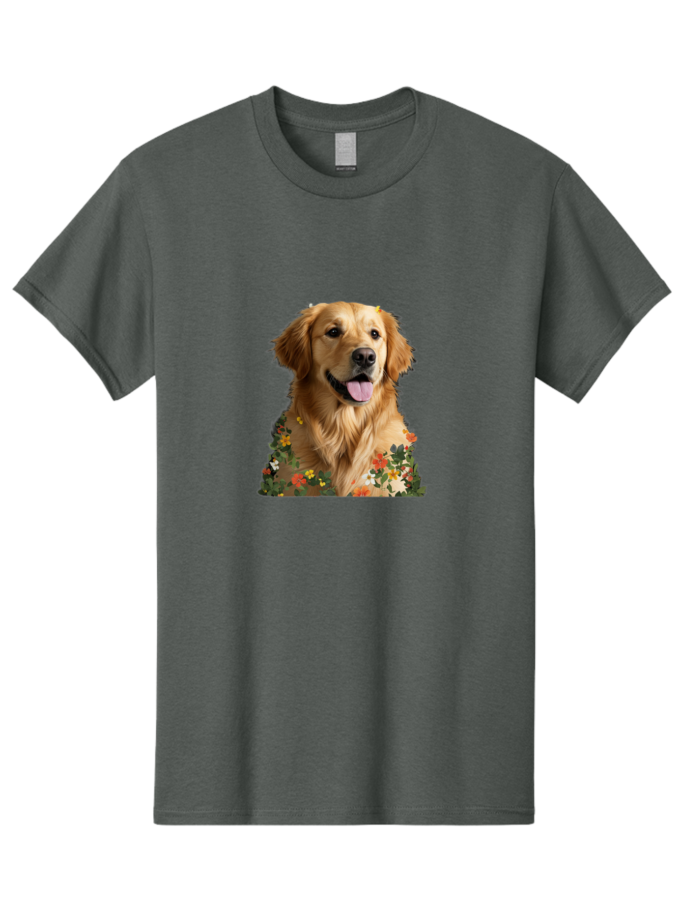 Golden-Retriever-With-Flowers-1 Men'S Graphic Tee, 100% Cotton, Comfortable Casual Summer Wear, Machine Washable, Golden Retriever Dog, Floral Pattern, Vibrant Flowers, Colorful Blooms, Happy Dog, Friendly Pet, Floral Design, Golden Fur, Bac000