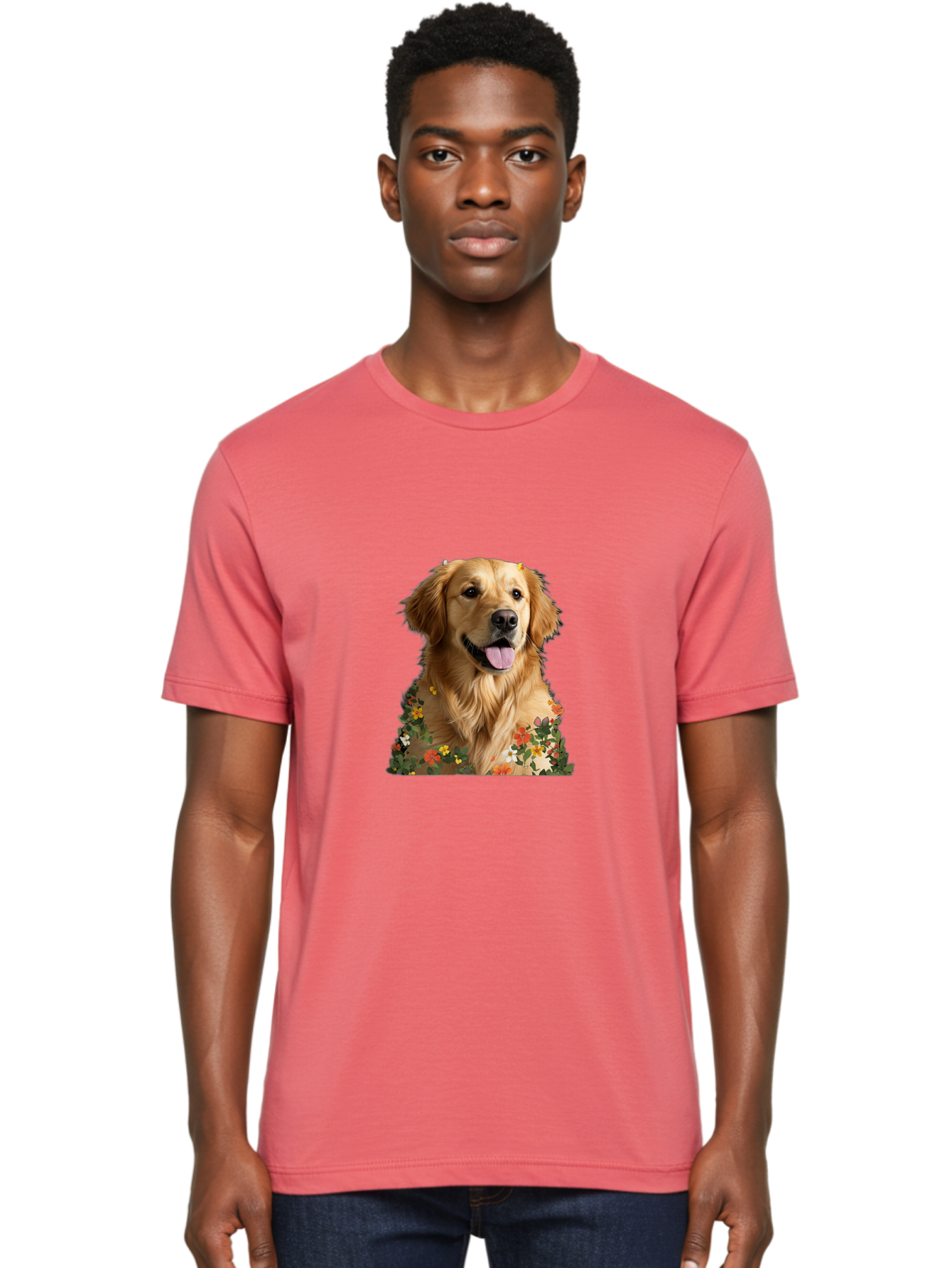Golden-Retriever-With-Flowers-1 Men'S Graphic Tee, 100% Cotton, Comfortable Casual Summer Wear, Machine Washable, Golden Retriever Dog, Floral Pattern, Vibrant Flowers, Colorful Blooms, Happy Dog, Friendly Pet, Floral Design, Golden Fur, Bac000