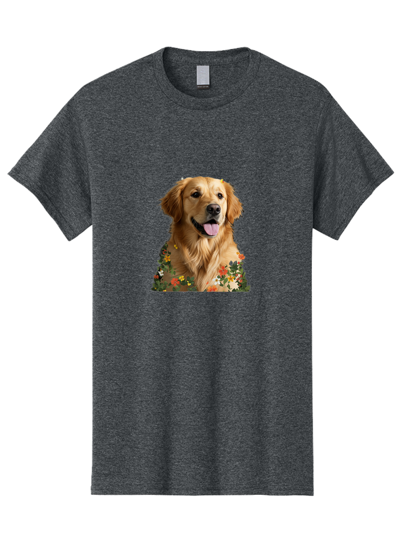 Golden-Retriever-With-Flowers-1 Men'S Graphic Tee, 100% Cotton, Comfortable Casual Summer Wear, Machine Washable, Golden Retriever Dog, Floral Pattern, Vibrant Flowers, Colorful Blooms, Happy Dog, Friendly Pet, Floral Design, Golden Fur, Bac000