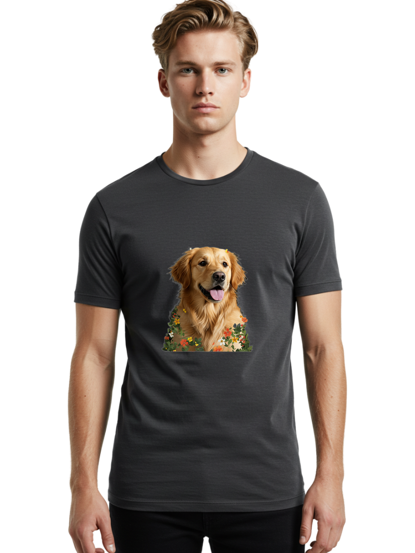 Golden-Retriever-With-Flowers-1 Men'S Graphic Tee, 100% Cotton, Comfortable Casual Summer Wear, Machine Washable, Golden Retriever Dog, Floral Pattern, Vibrant Flowers, Colorful Blooms, Happy Dog, Friendly Pet, Floral Design, Golden Fur, Bac000
