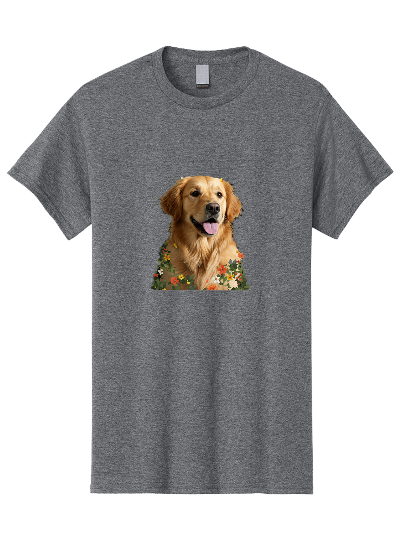 Golden-Retriever-With-Flowers-1 Men'S Graphic Tee, 100% Cotton, Comfortable Casual Summer Wear, Machine Washable, Golden Retriever Dog, Floral Pattern, Vibrant Flowers, Colorful Blooms, Happy Dog, Friendly Pet, Floral Design, Golden Fur, Bac000