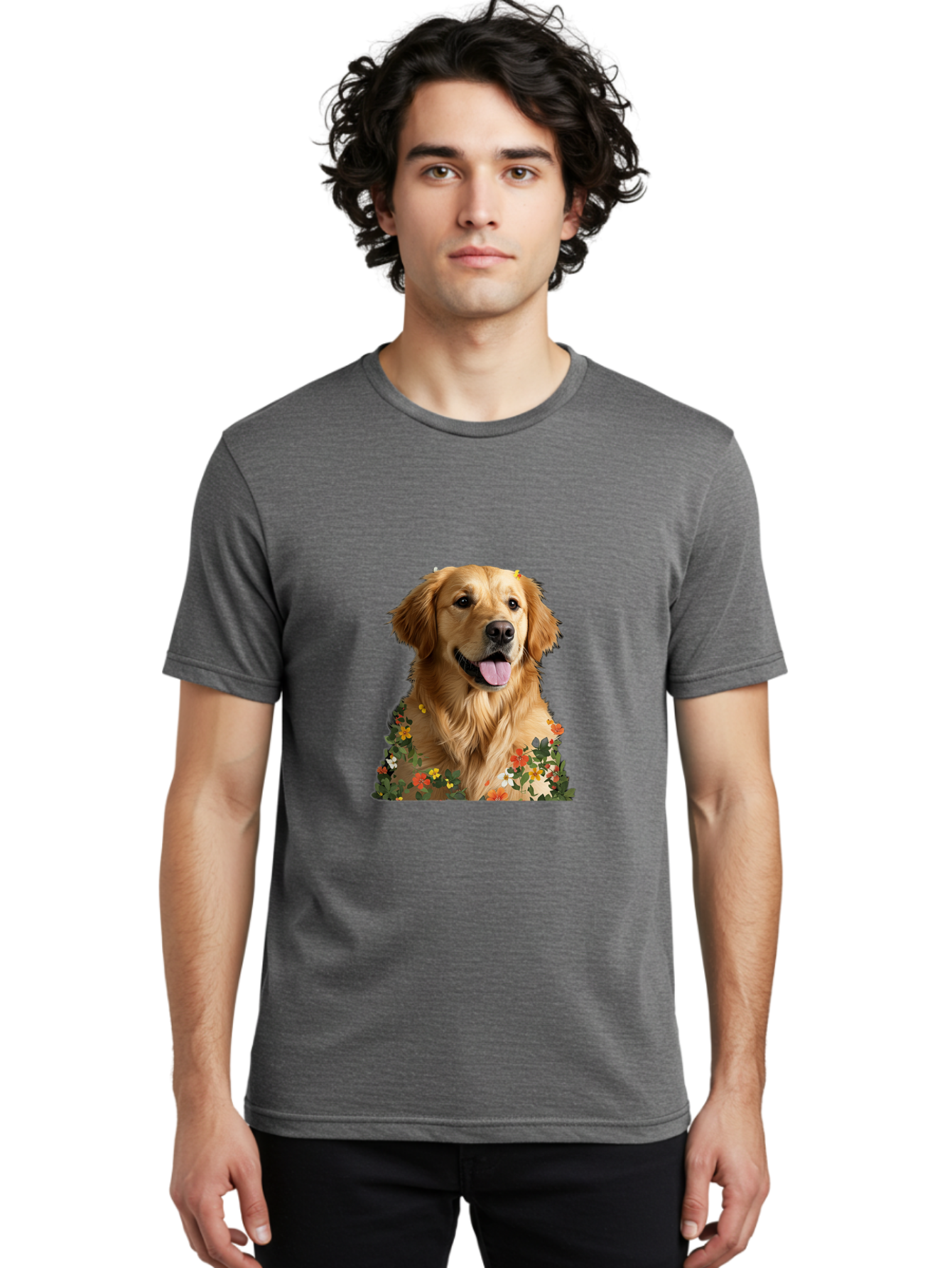 Golden-Retriever-With-Flowers-1 Men'S Graphic Tee, 100% Cotton, Comfortable Casual Summer Wear, Machine Washable, Golden Retriever Dog, Floral Pattern, Vibrant Flowers, Colorful Blooms, Happy Dog, Friendly Pet, Floral Design, Golden Fur, Bac000