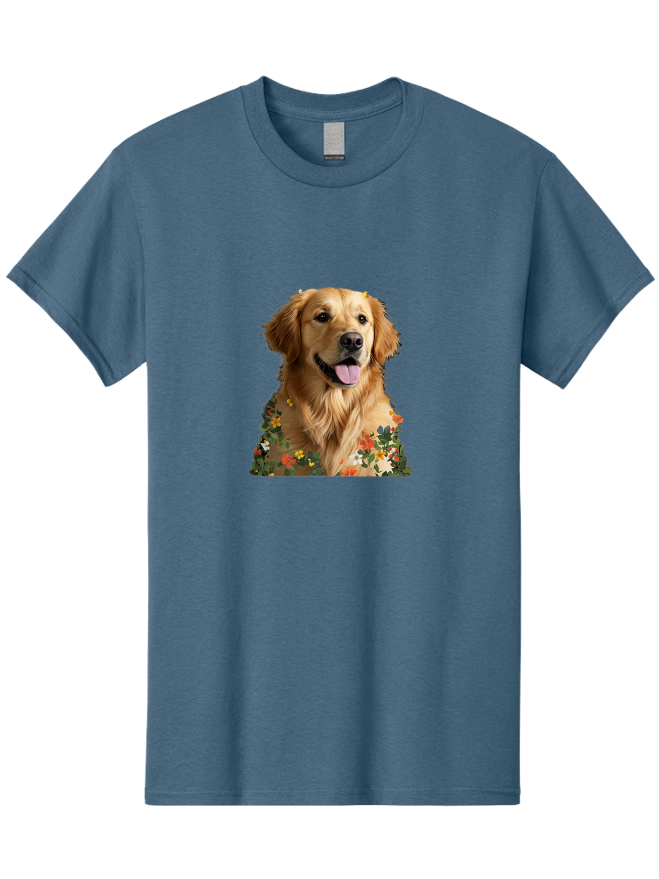 Golden-Retriever-With-Flowers-1 Men'S Graphic Tee, 100% Cotton, Comfortable Casual Summer Wear, Machine Washable, Golden Retriever Dog, Floral Pattern, Vibrant Flowers, Colorful Blooms, Happy Dog, Friendly Pet, Floral Design, Golden Fur, Bac000