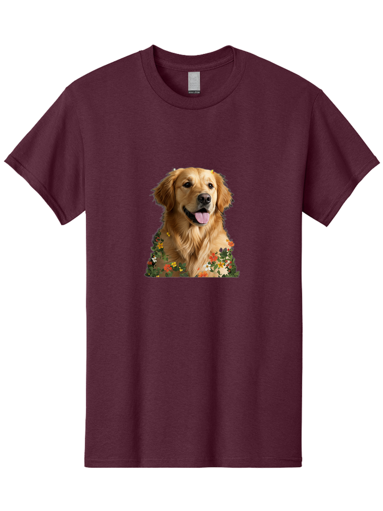 Golden-Retriever-With-Flowers-1 Men'S Graphic Tee, 100% Cotton, Comfortable Casual Summer Wear, Machine Washable, Golden Retriever Dog, Floral Pattern, Vibrant Flowers, Colorful Blooms, Happy Dog, Friendly Pet, Floral Design, Golden Fur, Bac000