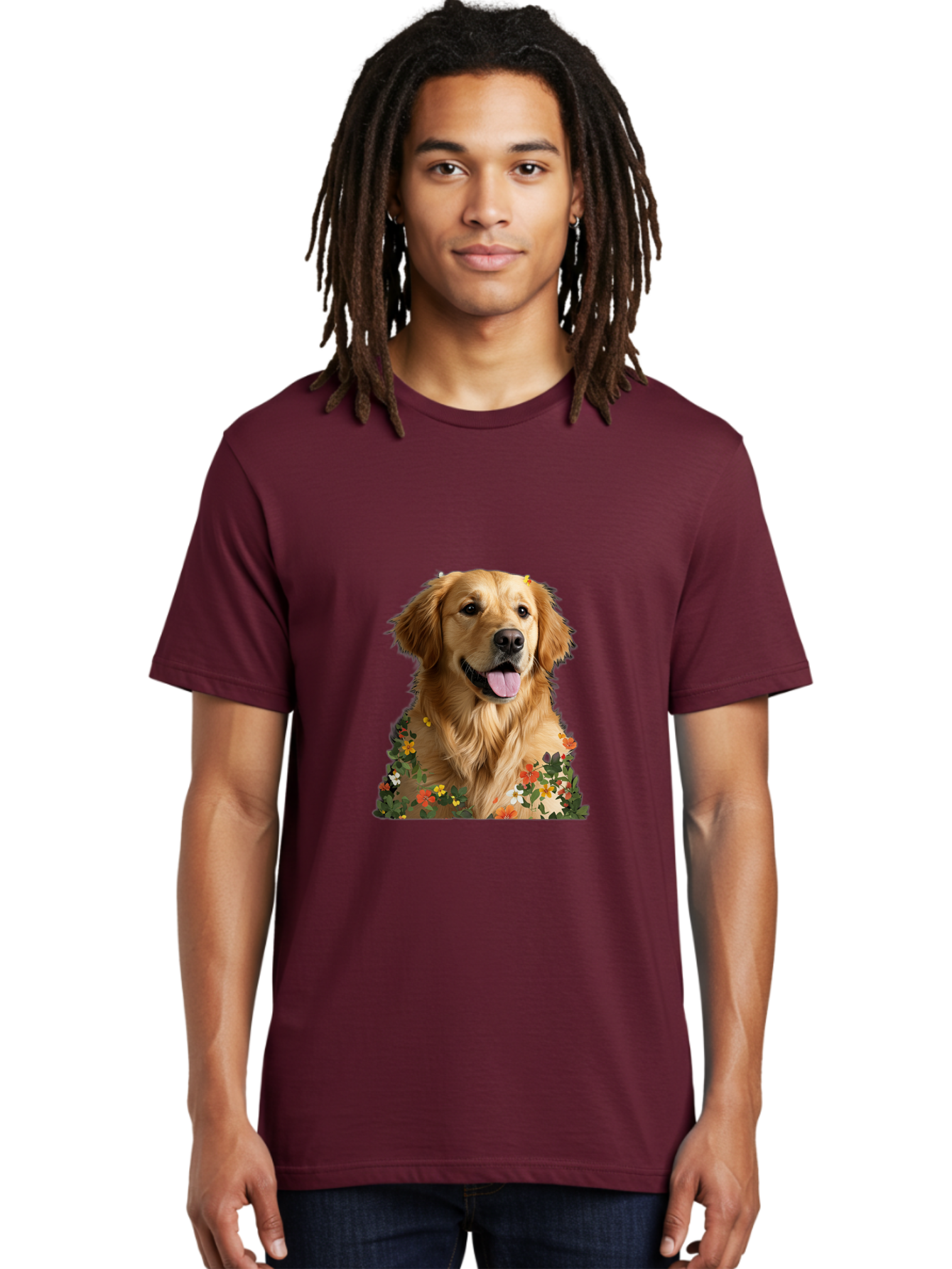 Golden-Retriever-With-Flowers-1 Men'S Graphic Tee, 100% Cotton, Comfortable Casual Summer Wear, Machine Washable, Golden Retriever Dog, Floral Pattern, Vibrant Flowers, Colorful Blooms, Happy Dog, Friendly Pet, Floral Design, Golden Fur, Bac000